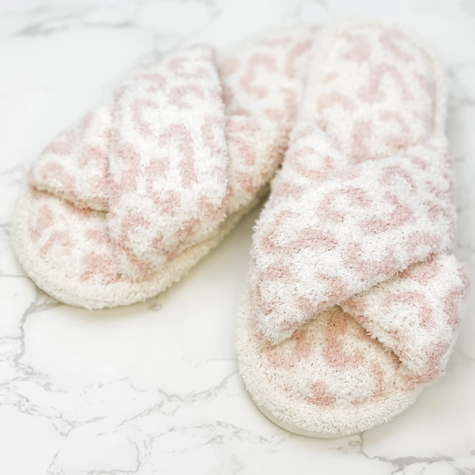 Prep Obsessed Leopard Criss Cross Fuzzy Slippers - Pink MED/LG