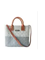 Tin Marin Brand Gray Large Woven Crossbody Bag- Tan Leather