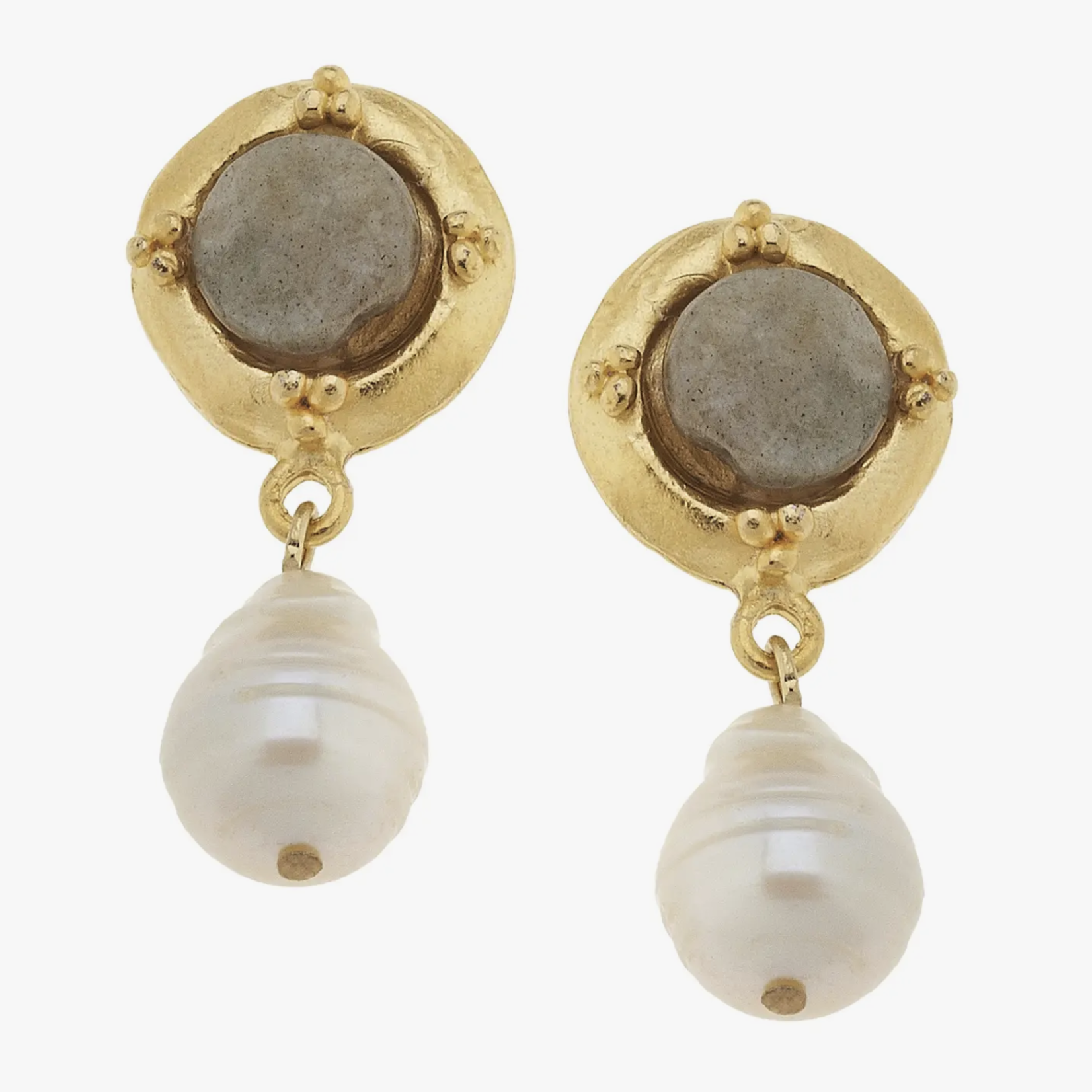 Susan Shaw Gold Cab with Labradorite and Baroque Pearl Earrings