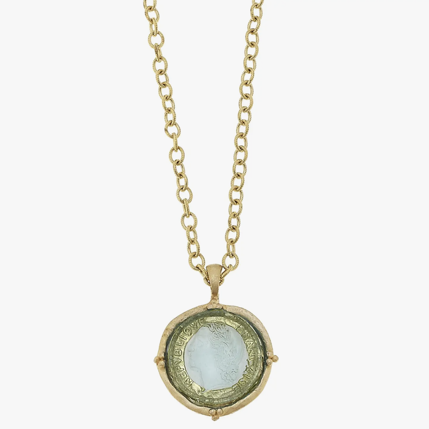 Susan Shaw Long Venetian Clear Glass Coin Intaglio Necklace