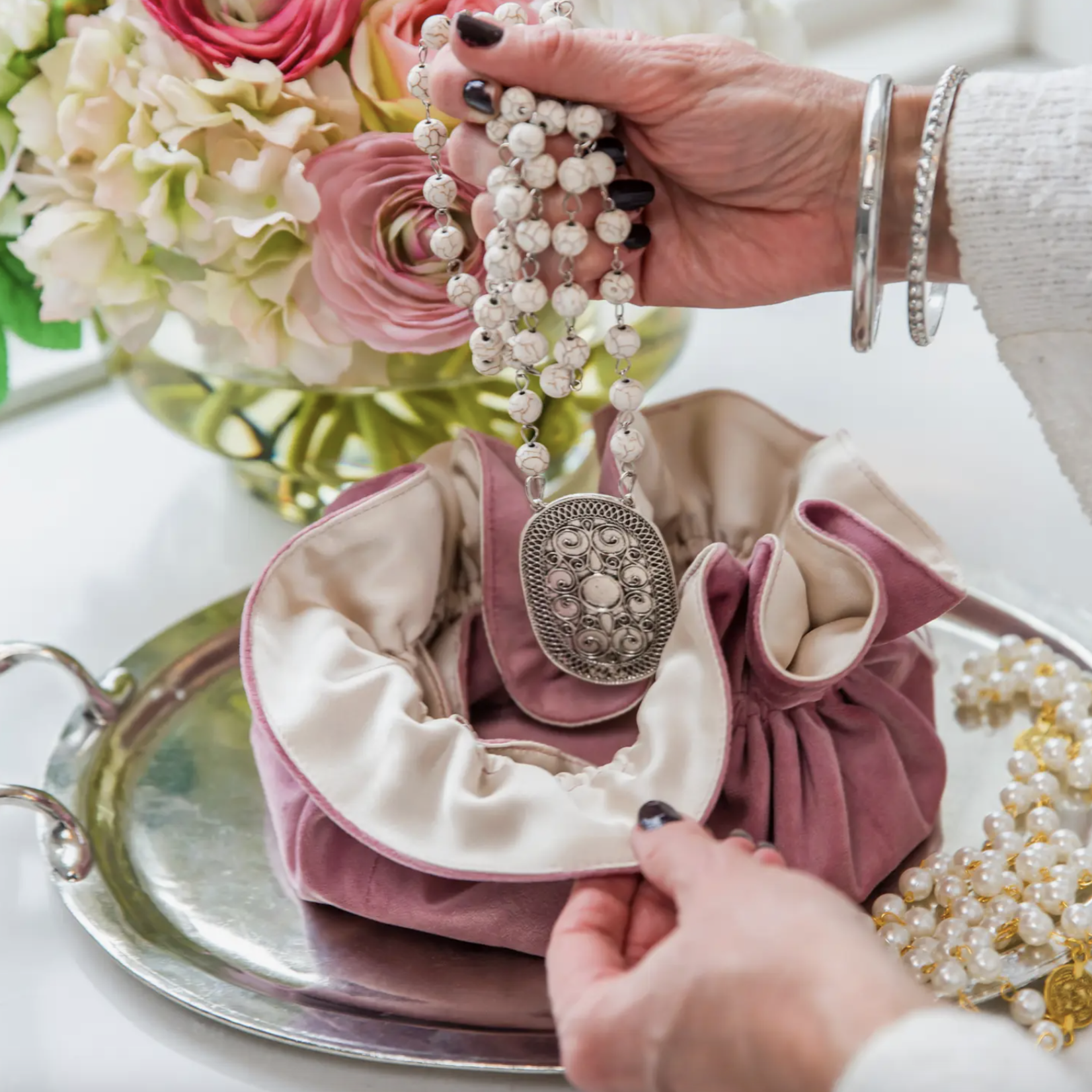 Crown Linen Designs Velvet Jewelry Blossom Pouch - Rose