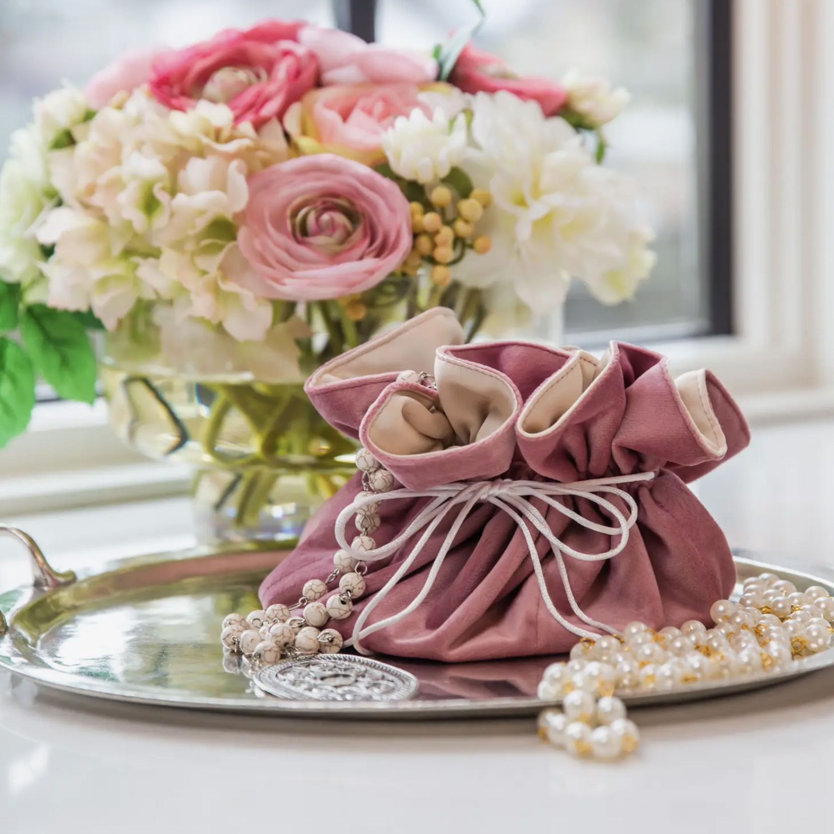 Crown Linen Designs Velvet Jewelry Blossom Pouch - Rose