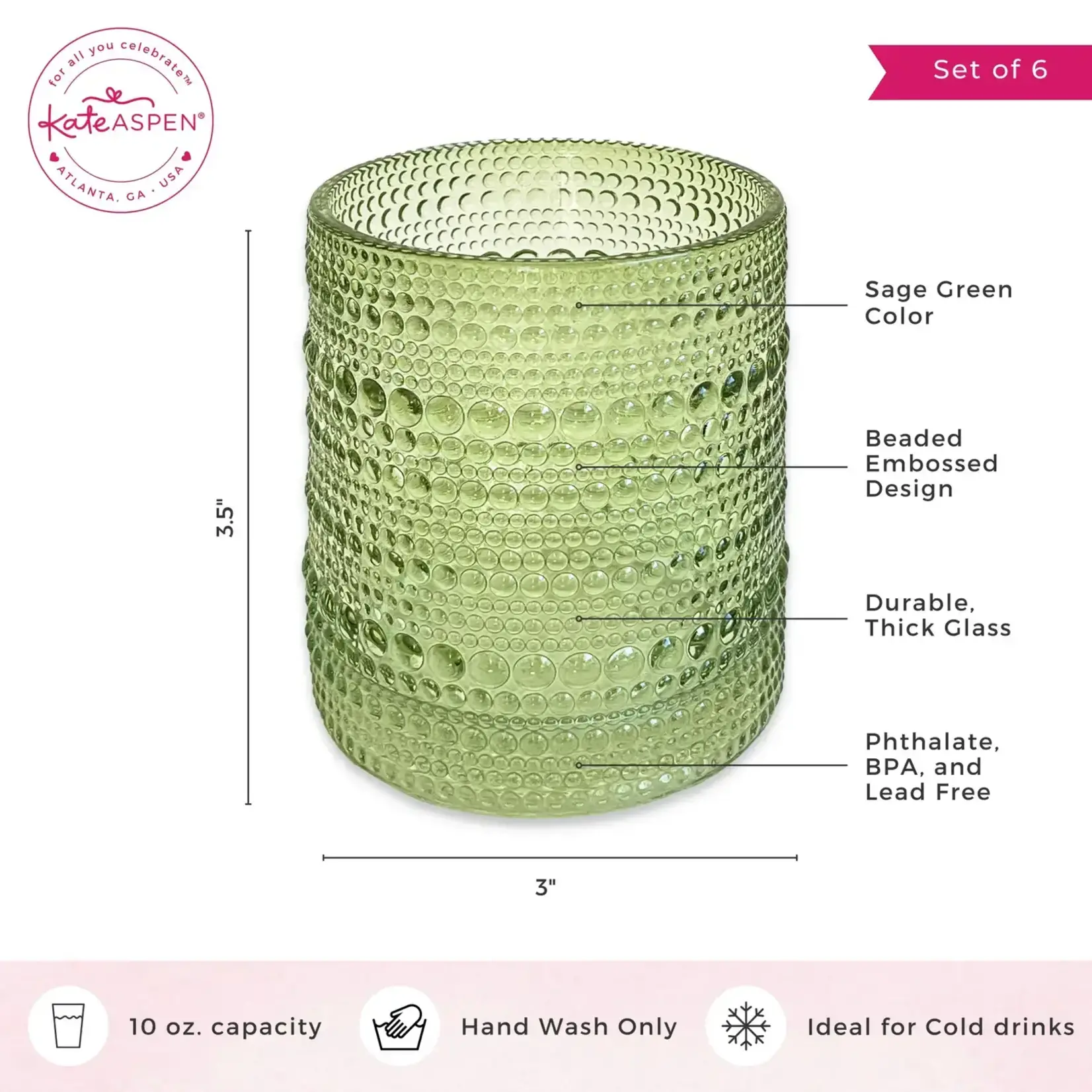 Kate Aspen 10 oz. Textured Beaded Sage Green Drinking Glass