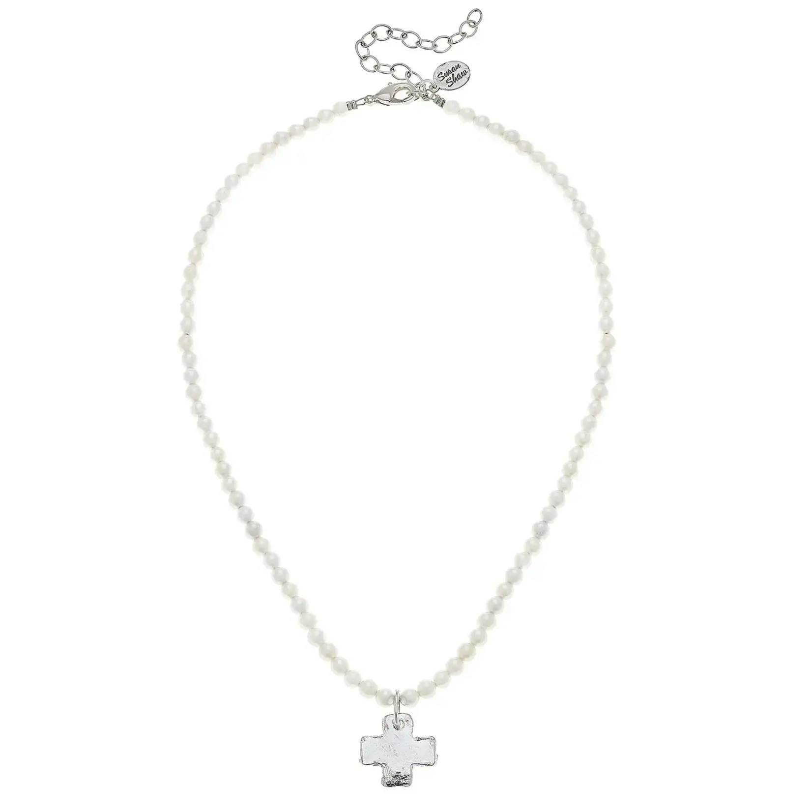 Susan Shaw Silver Cross on Ivory Beaded Necklace