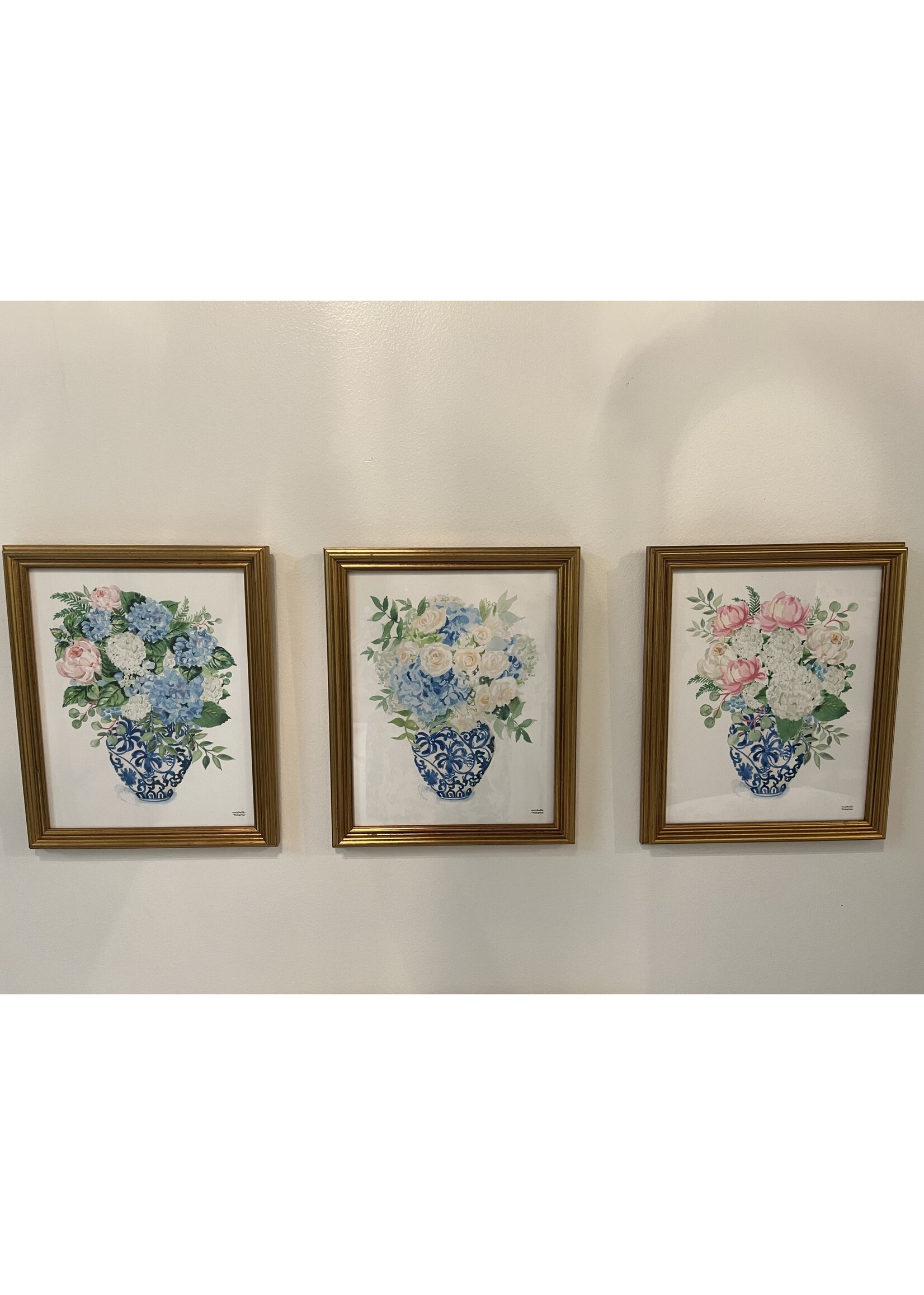 8x10 Blue, White & Pink Flowers in Blue and White Ginger Jar Vase (Set of 3) Plain Frame
