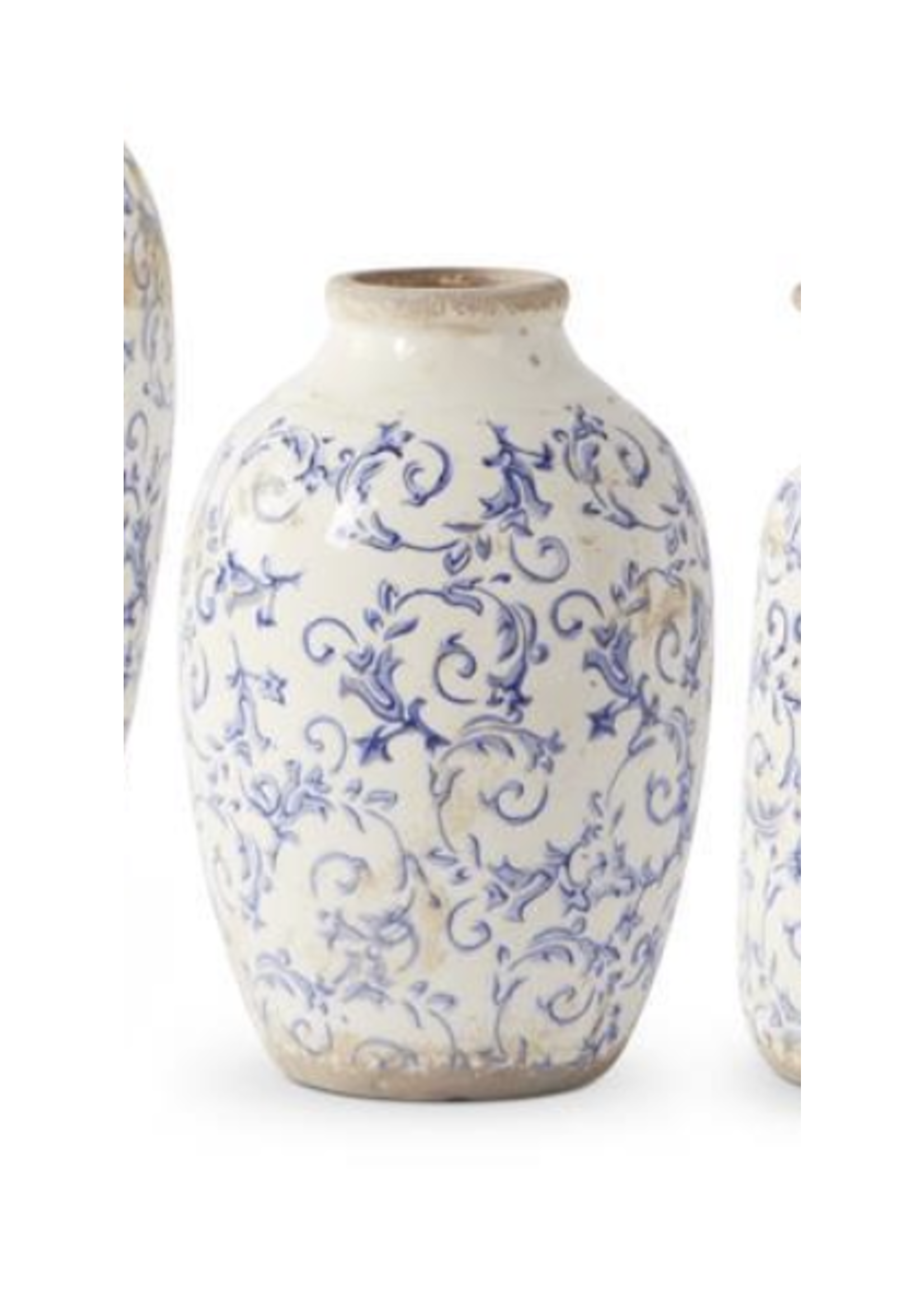 K & K Interiors 10" Vintage Blue & White Ceramic Vase Cylinder
