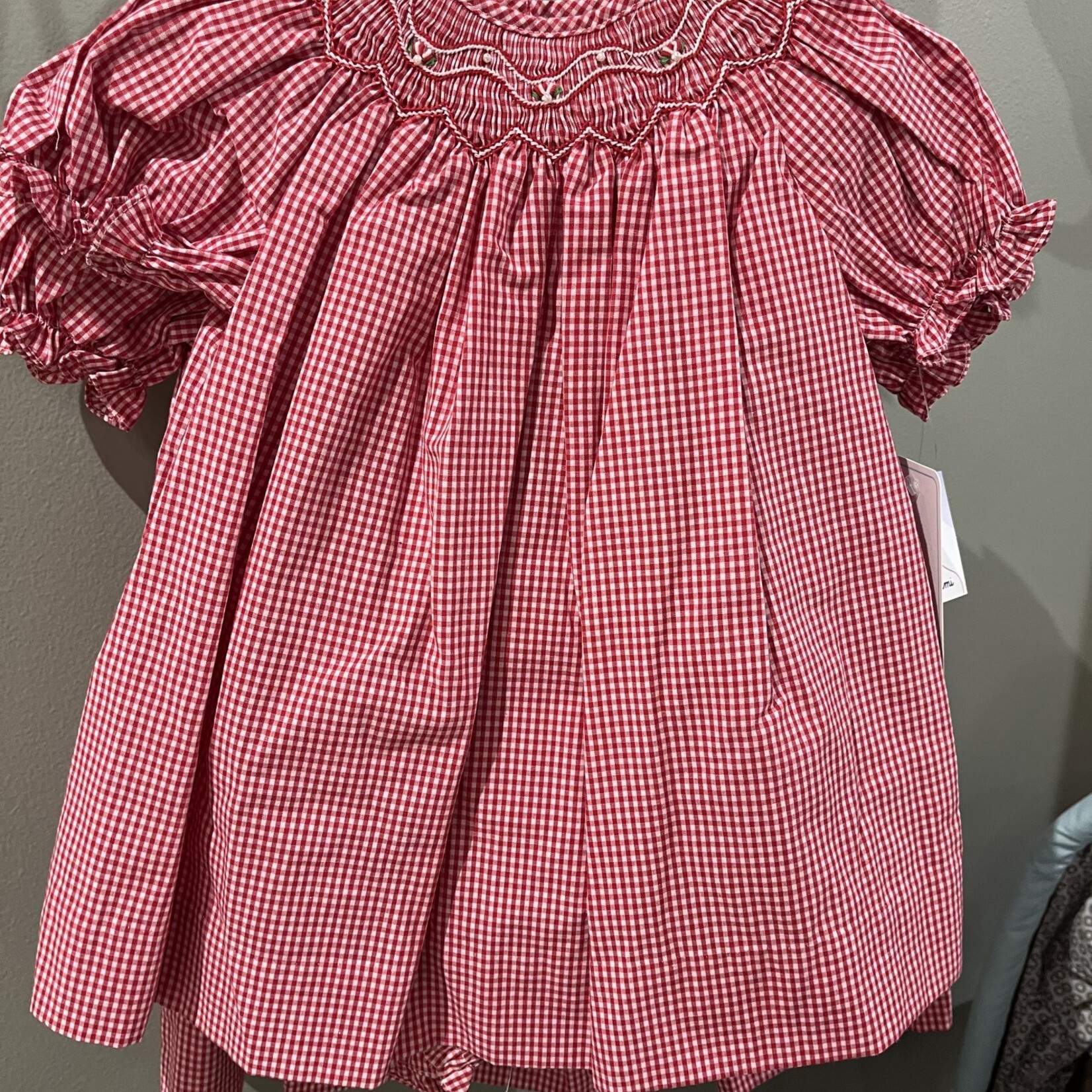 Petit Ami Red & White Gingham Smocked Dress with Pearls in Smocking w Bloomers