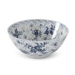 K&K 13.75 Inch White & Blue Floral Ceramic Bowl