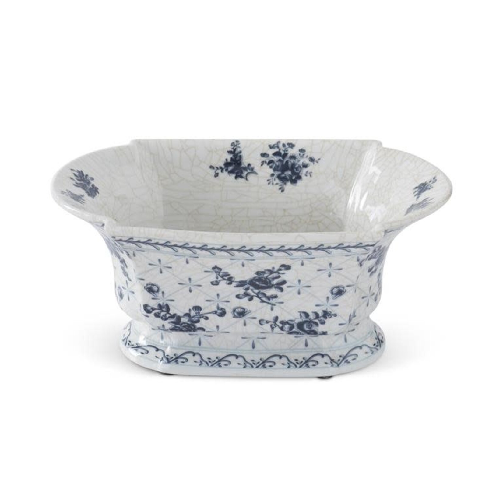 K&K 13 Inch White & Blue Floral Ceramic Oval Fluted Bowl