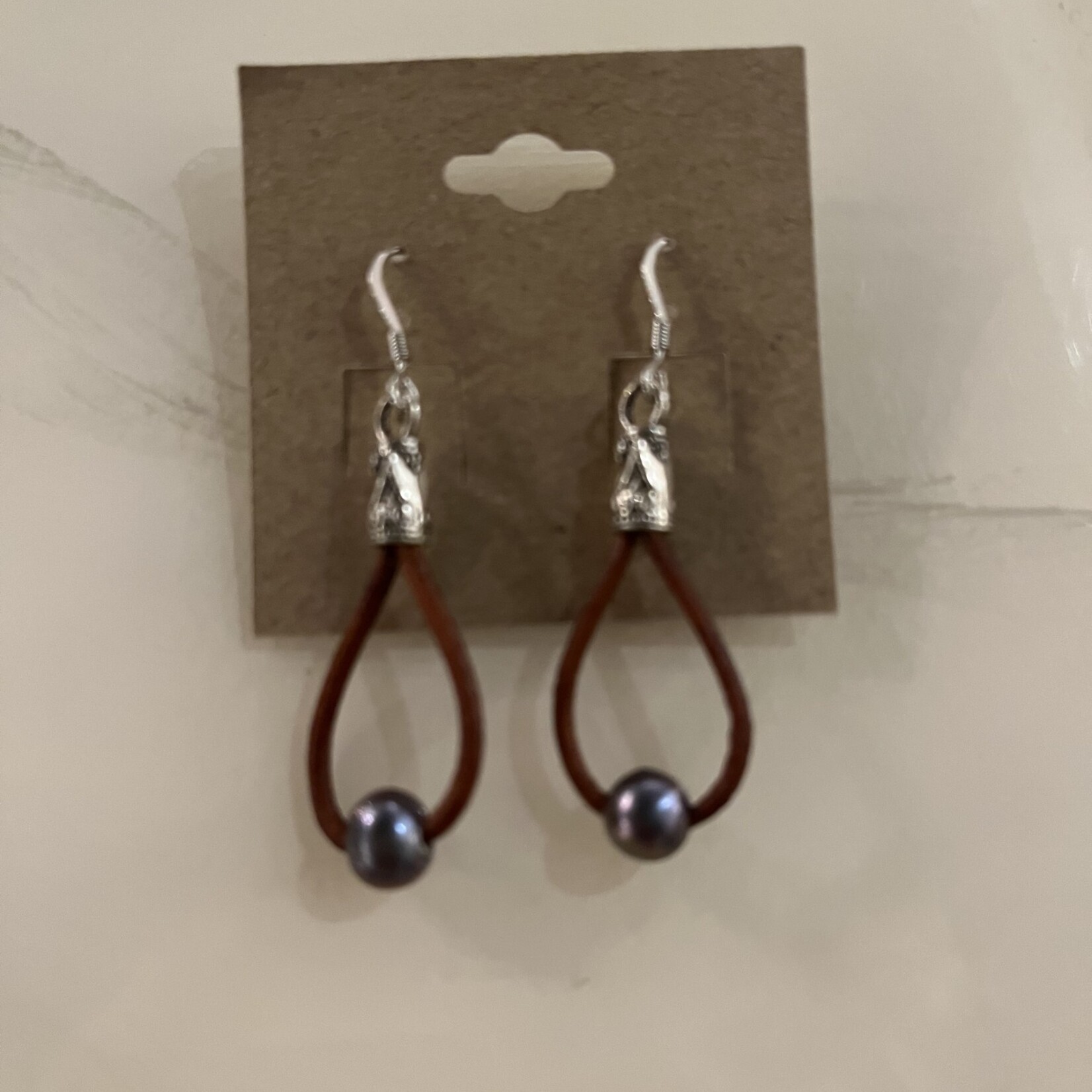 Alecia Bristow Brown Leather Black Pearl Drop Earrings