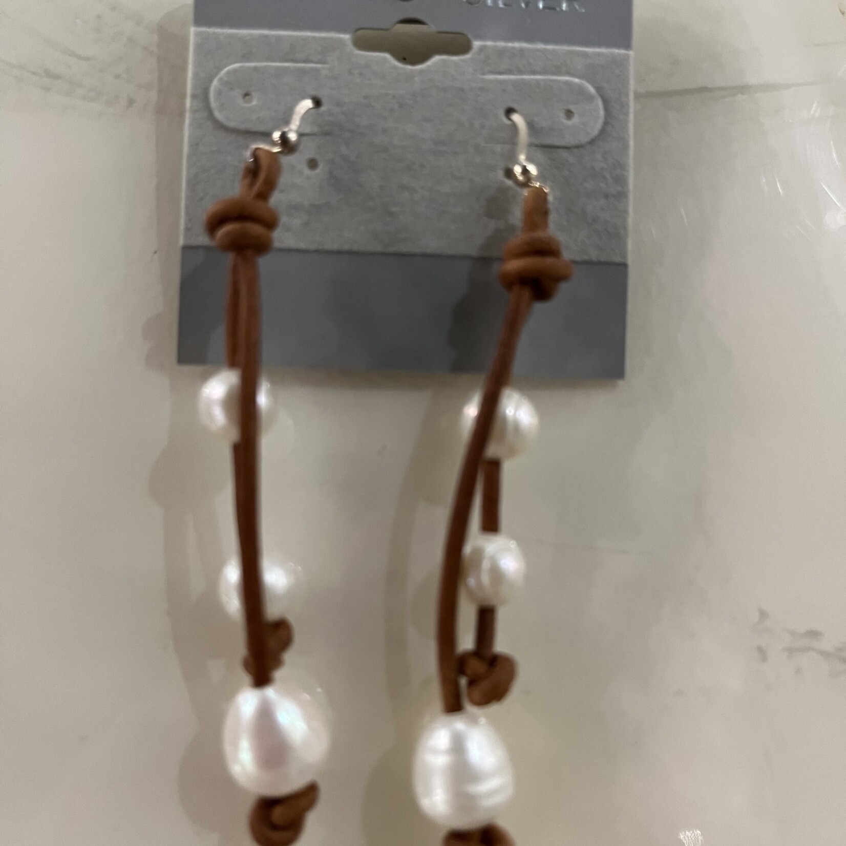 Alecia Bristow Brown Leather 3 Pearl Dangle Earrings
