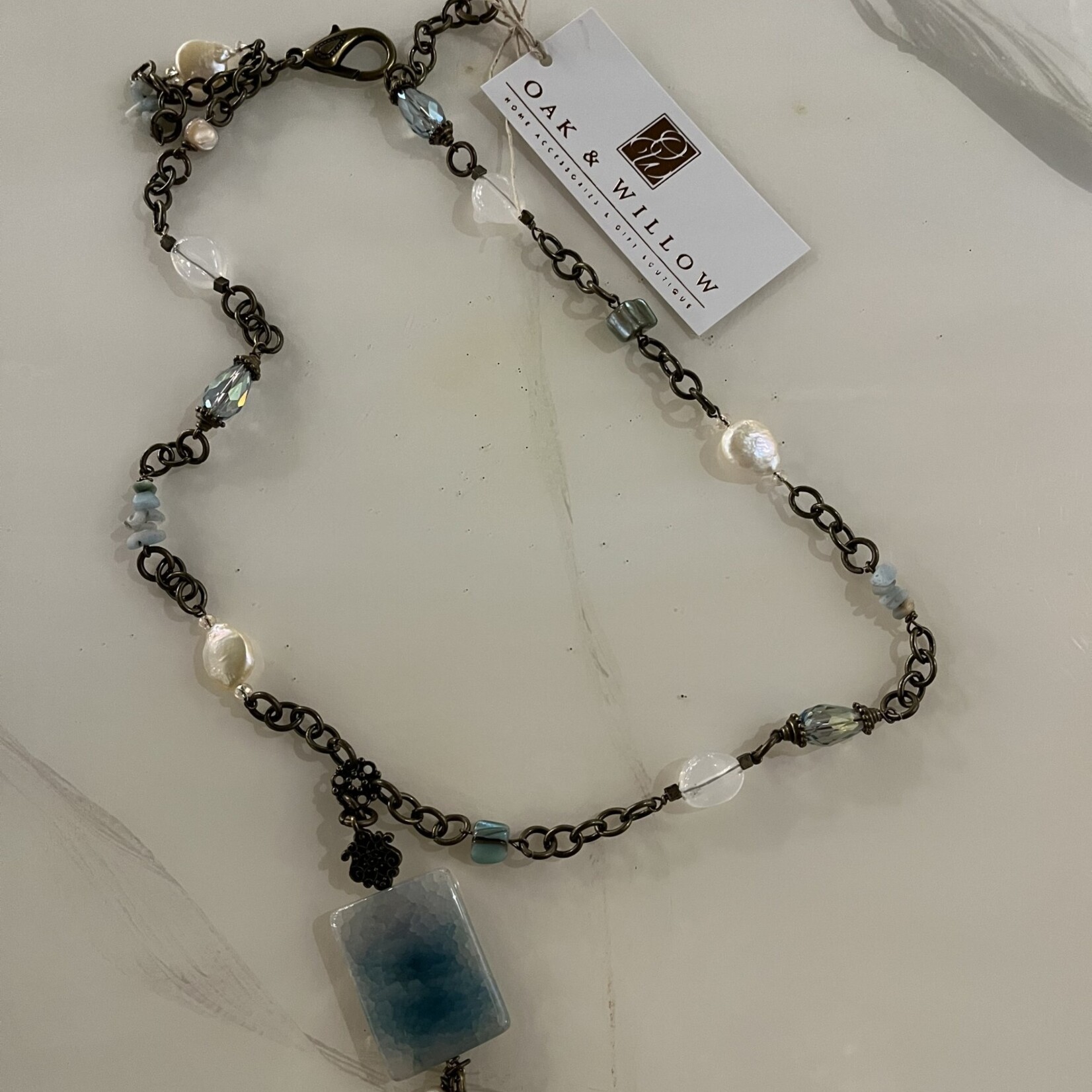 Alecia Bristow Hand Made - Natural Stone, Ocean Blue Agate Pendant w Coin Pearls...