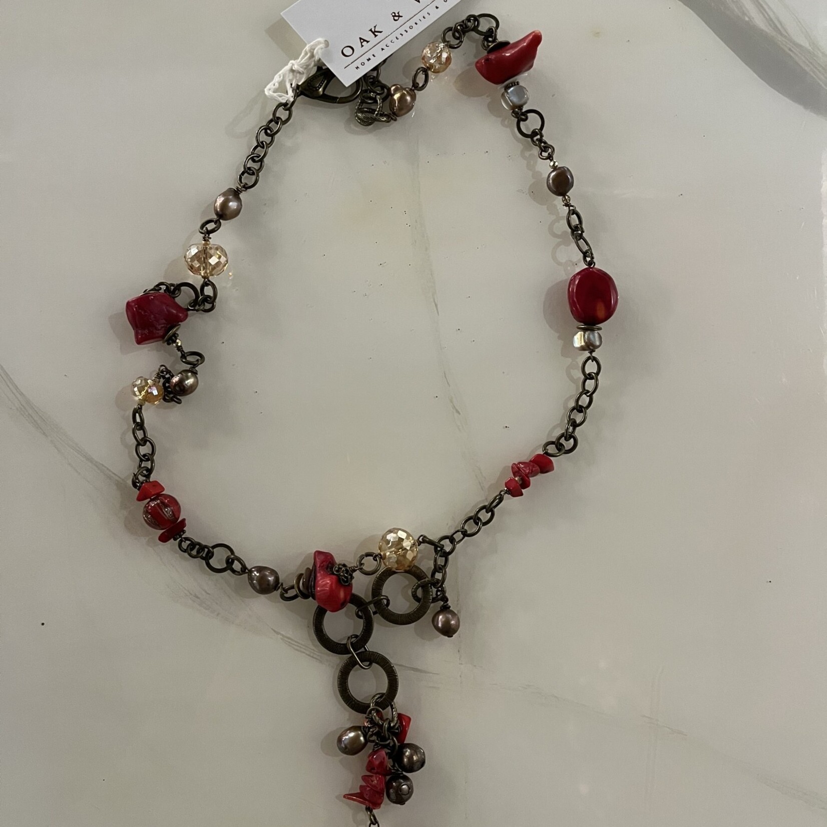 Alecia Bristow Hand Made - Natural Stone, Coral, Brown Pearls, Bronze Chain, Crystals