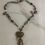 Alecia Bristow Crystals, Jasper Stone, Pearls, Vintage Agate Beads, Bronze Antiques Chain, w Brass Heart Pendant