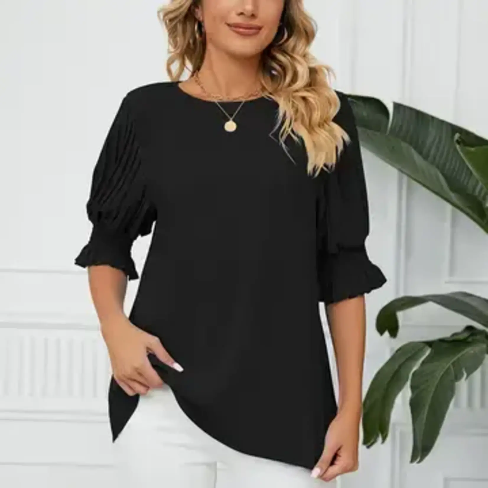 Lily Clothing Puff Short Sleeve Loose Chiffon Blouse - Black