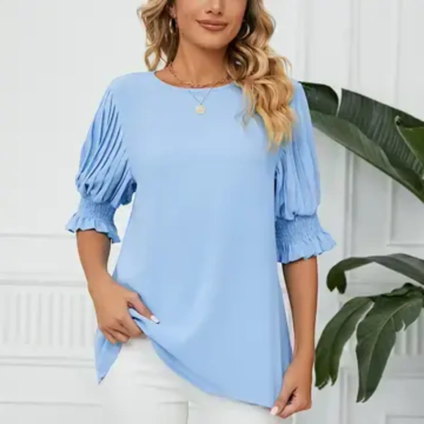 Lily Clothing Puff Short Sleeve Loose Chiffon Blouse -Sky Blue