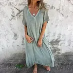 Lily Clothing V-Neck Solid Color Cotton Linen Dress - Peacock Green - Medium