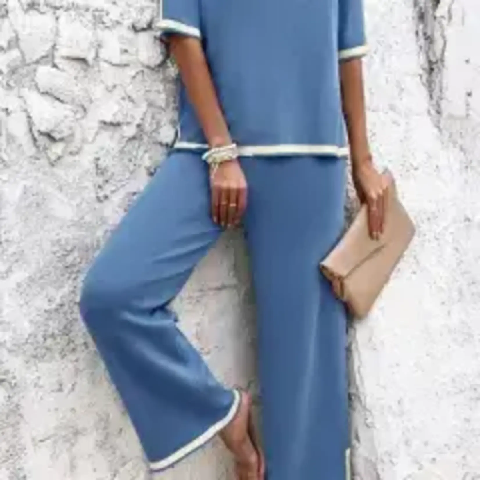 Temperament Casual Short Sleeve Knitted Suit - Blue