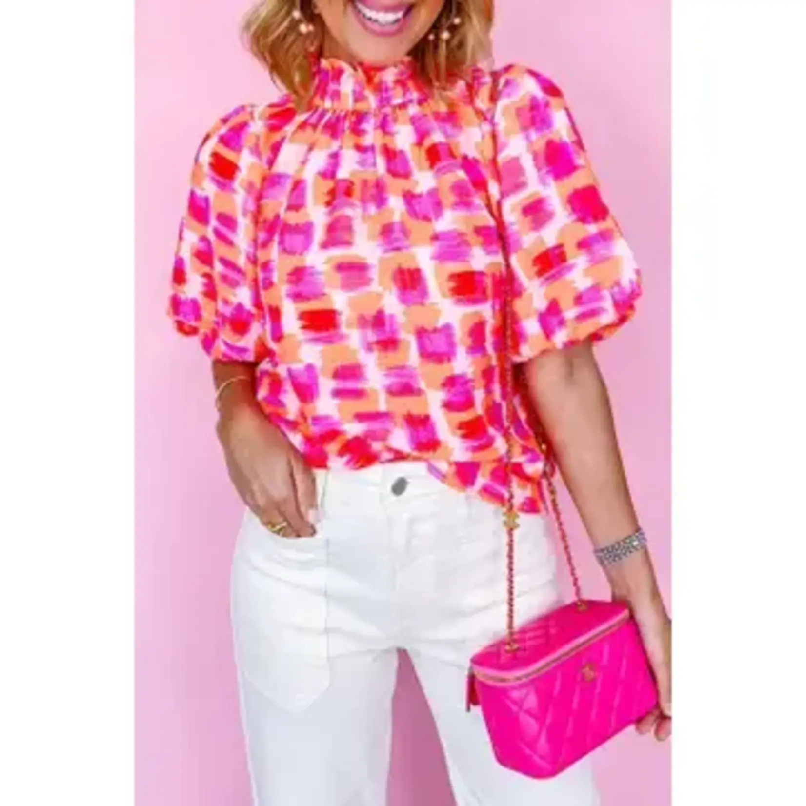 Abstract Ruffle Button Back Blouse