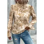 Floral Frilled Long Sleeve Blouse - Tan & White