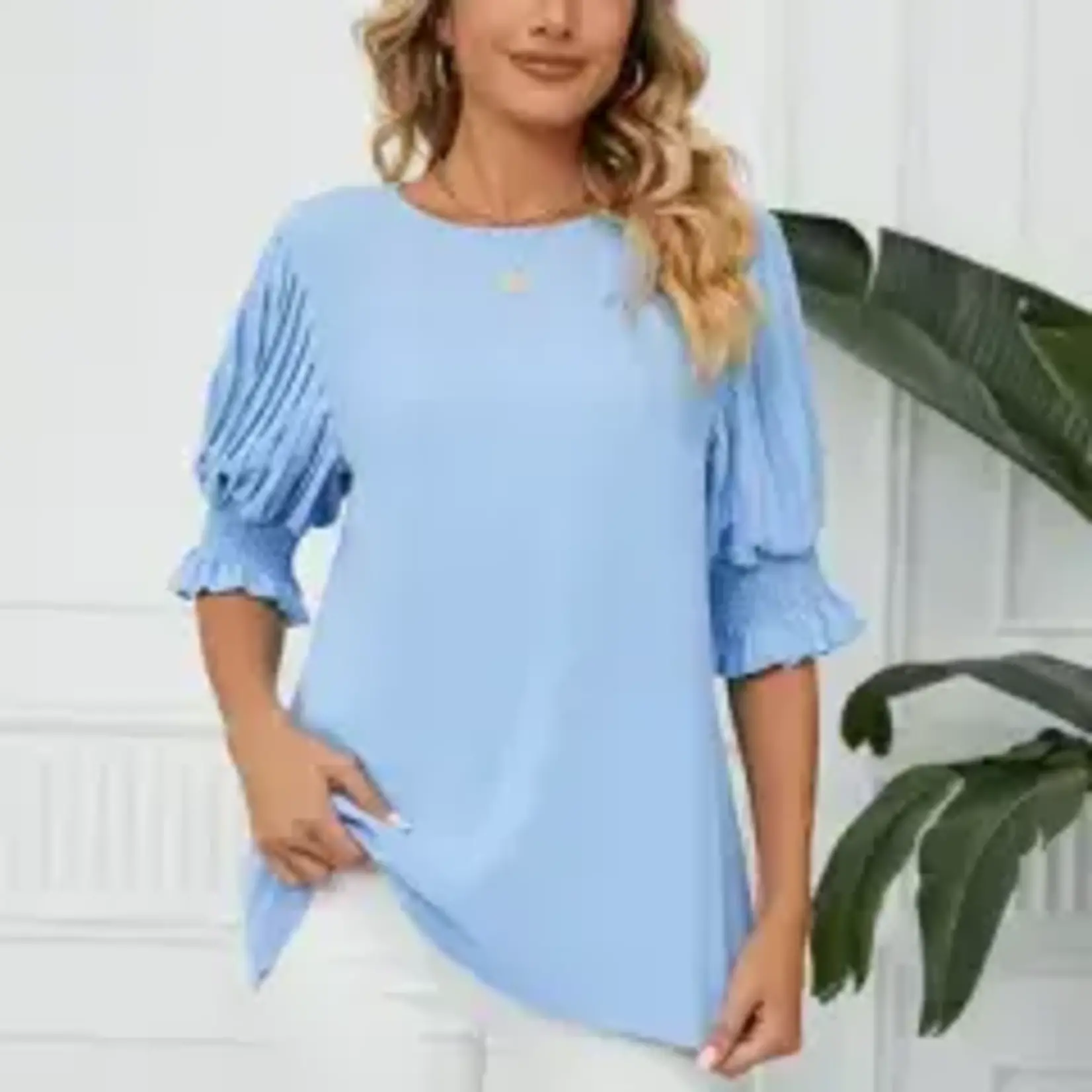Lily Clothing Puff Short Sleeve Loose Chiffon Blouse -Sky Blue