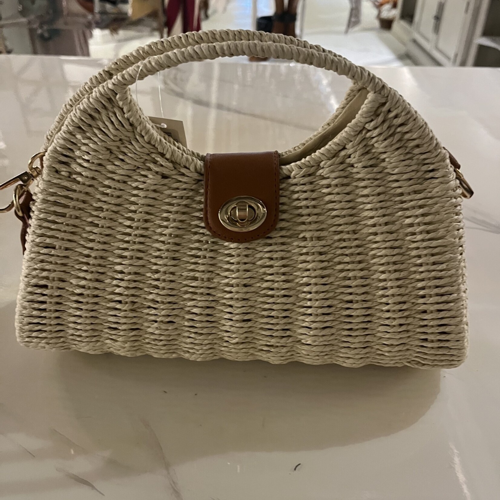 Arch Top Woven Straw Bag - Beige