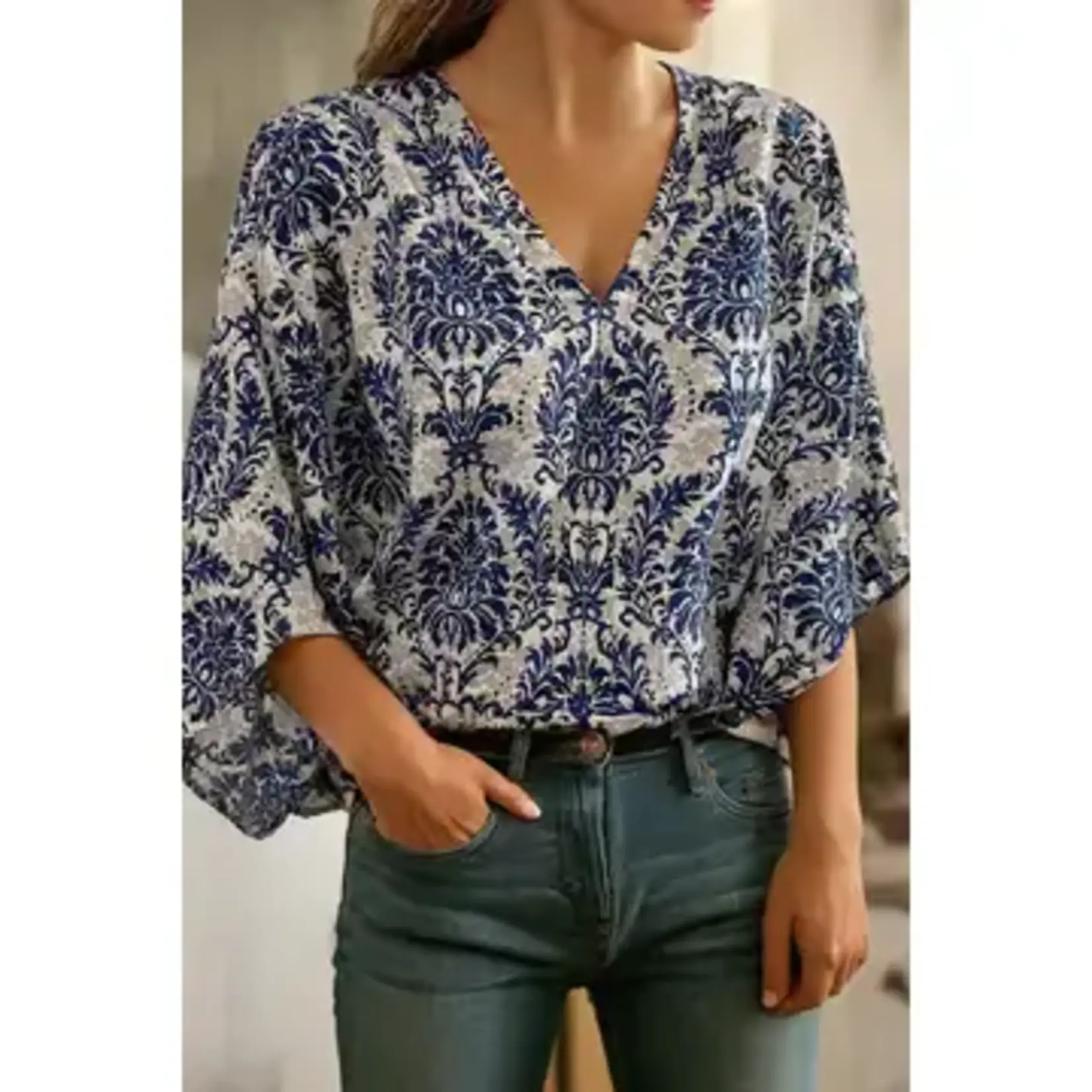 Vintage Flower Tree Quarter Sleeve Blouse - Blue
