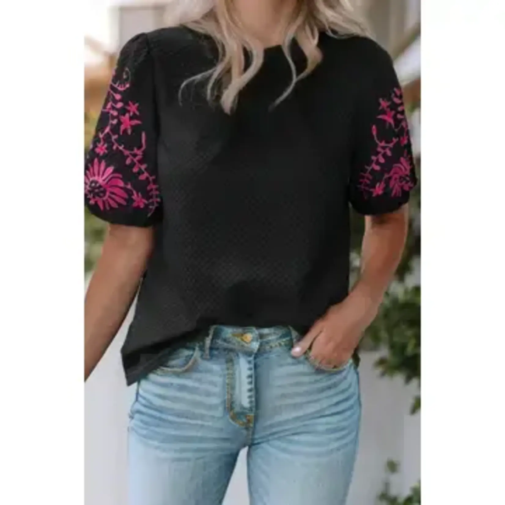 Black Floral Embroidered Textured Puff Sleeve T Shirt