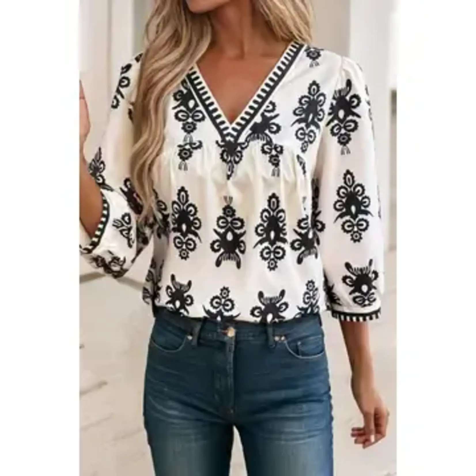 Vintage Printed 3/4 Sleeve V Neck Blouse - Beige