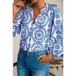 Boho Vintage Printed Puff Sleeve Slit V Neck - Sky Blue