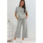 Textured Loose Fit T Shirt and Drawstring Pants Set- Gray