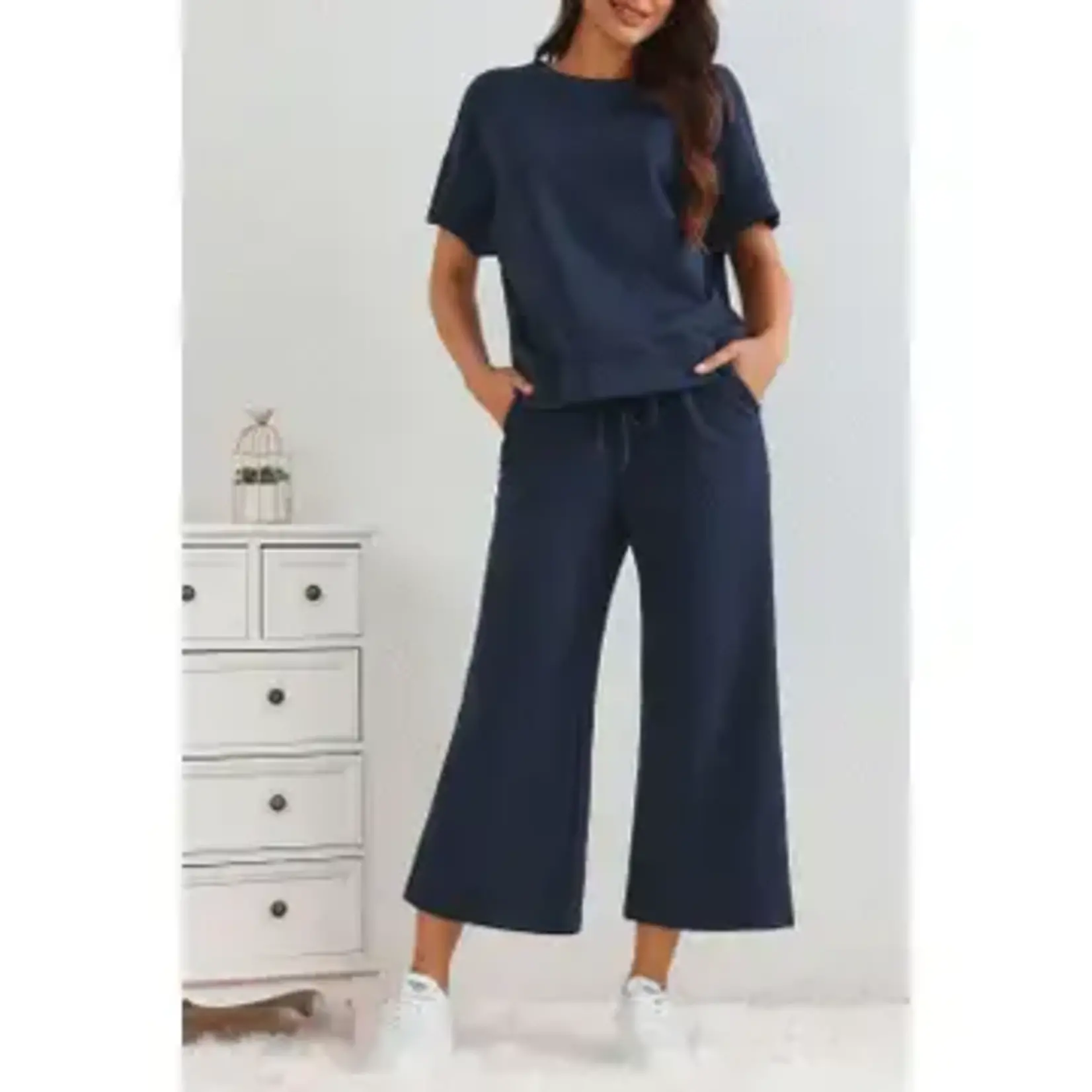Textured Loose Fit T Shirt and Drawstring Pants Set- Gray