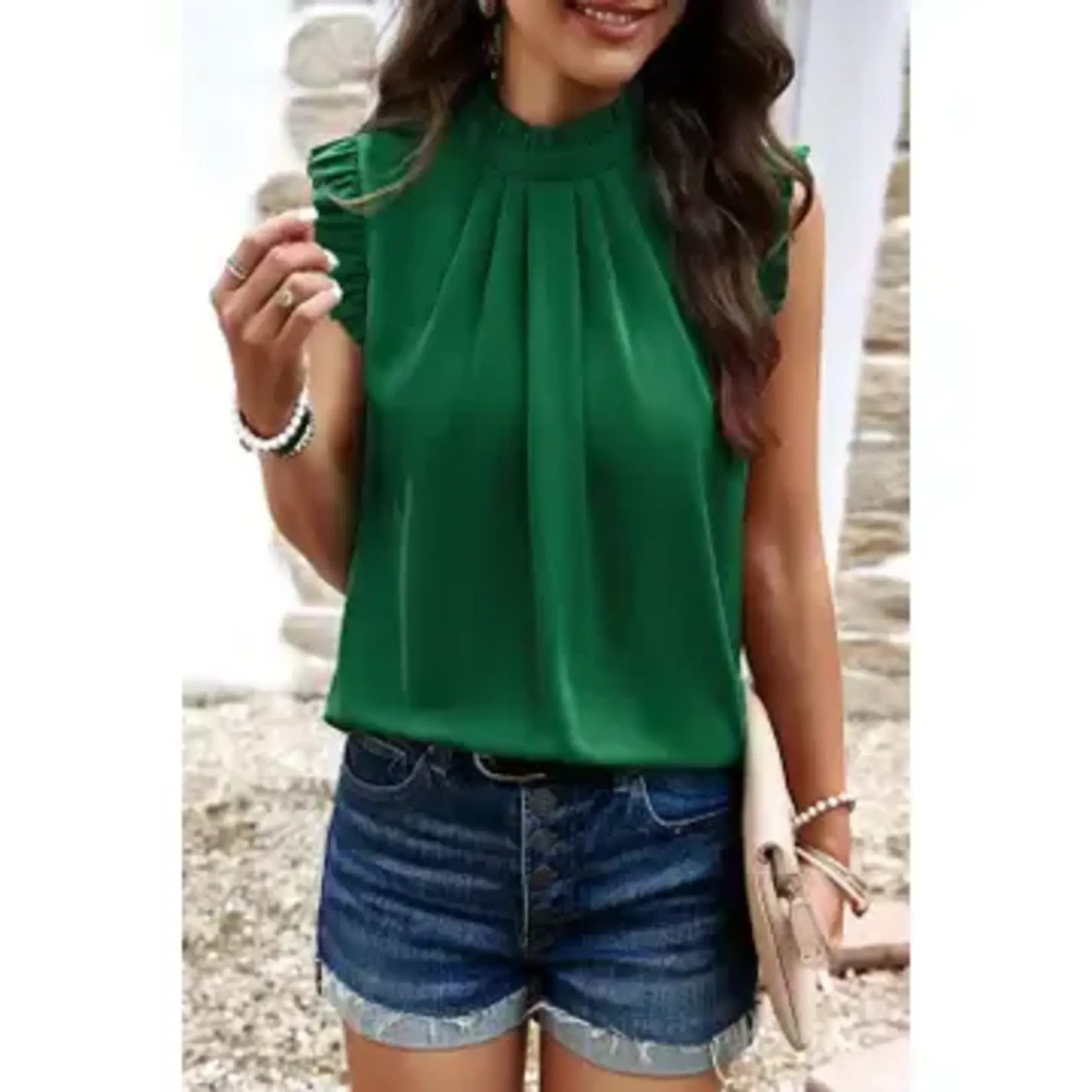 Pleated Mock Neck Frilled Top-Green