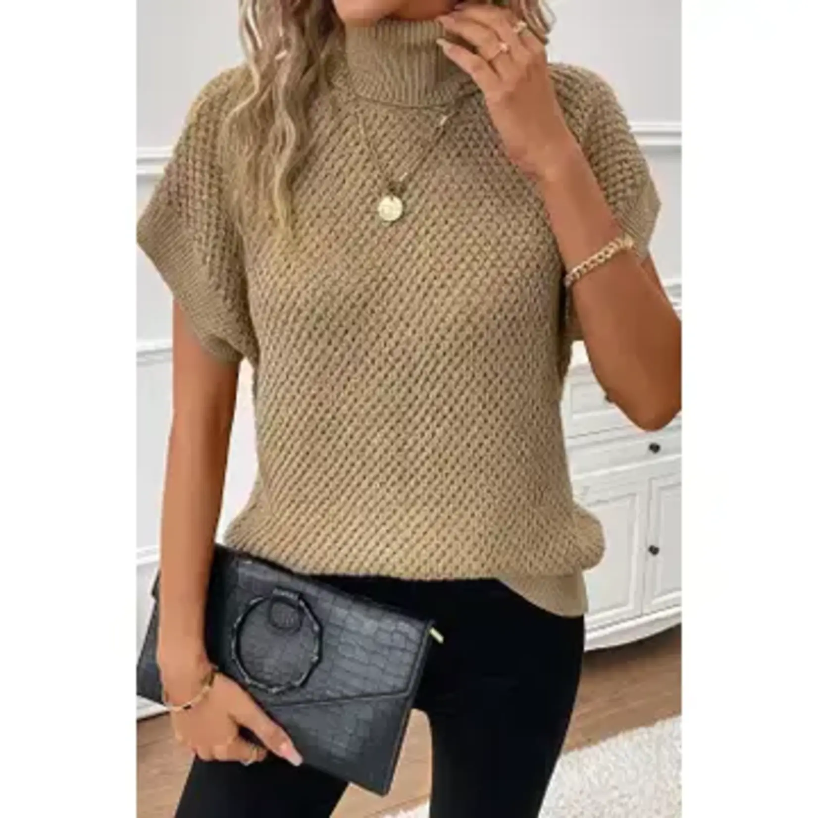 Turtleneck Textured Short Sleeve Sweater