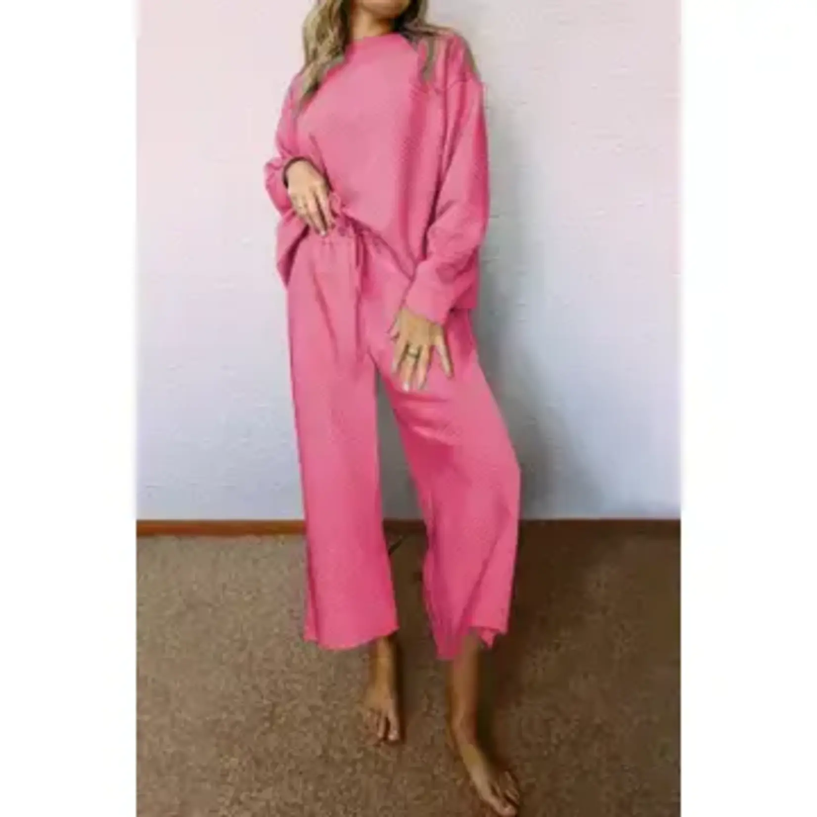 Textured Top and Pants Set Strawberry Pink