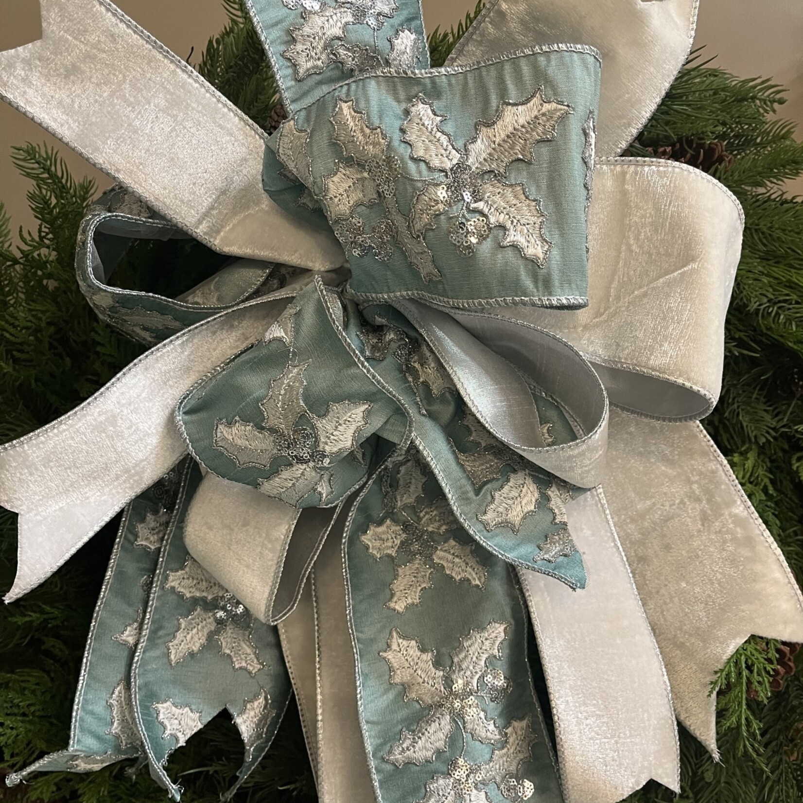 Aqua Blue , White and SilverVelvet Bow
