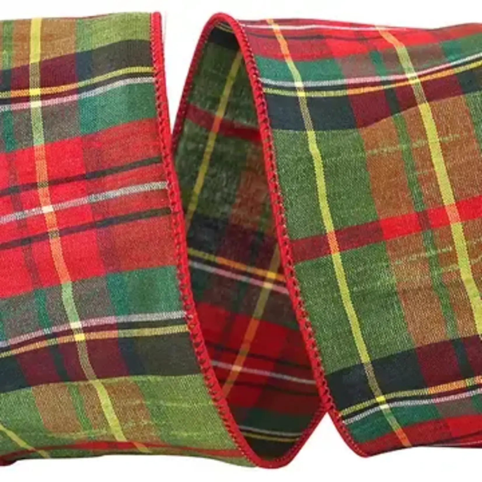 Reliant Ribbon Greensboro Plaid Dupioni Wired Edge, Green/Red 2.5" x 10 yards