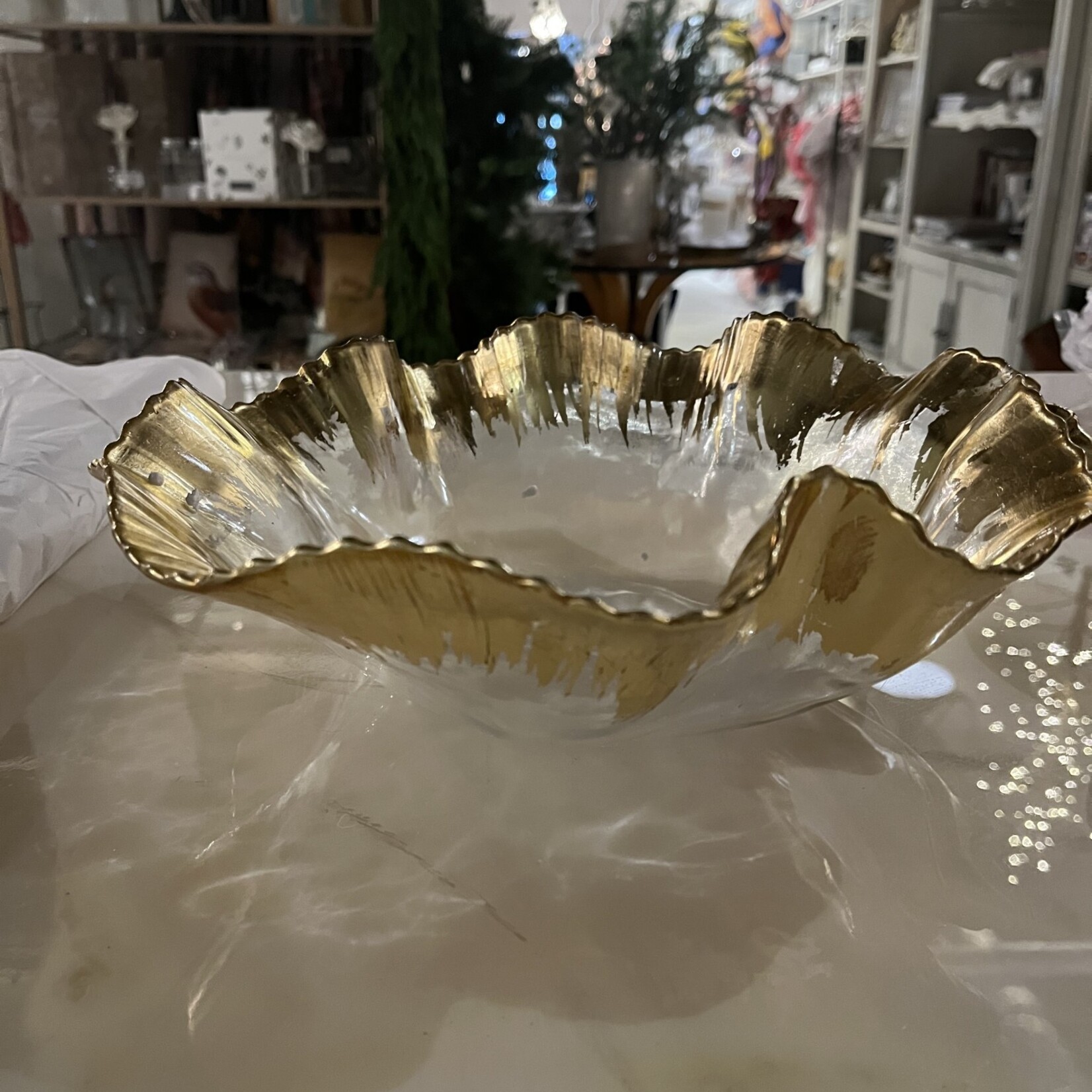 Mud Pie Gold Ruffle Glass Bowl Large 10.75" Diameter