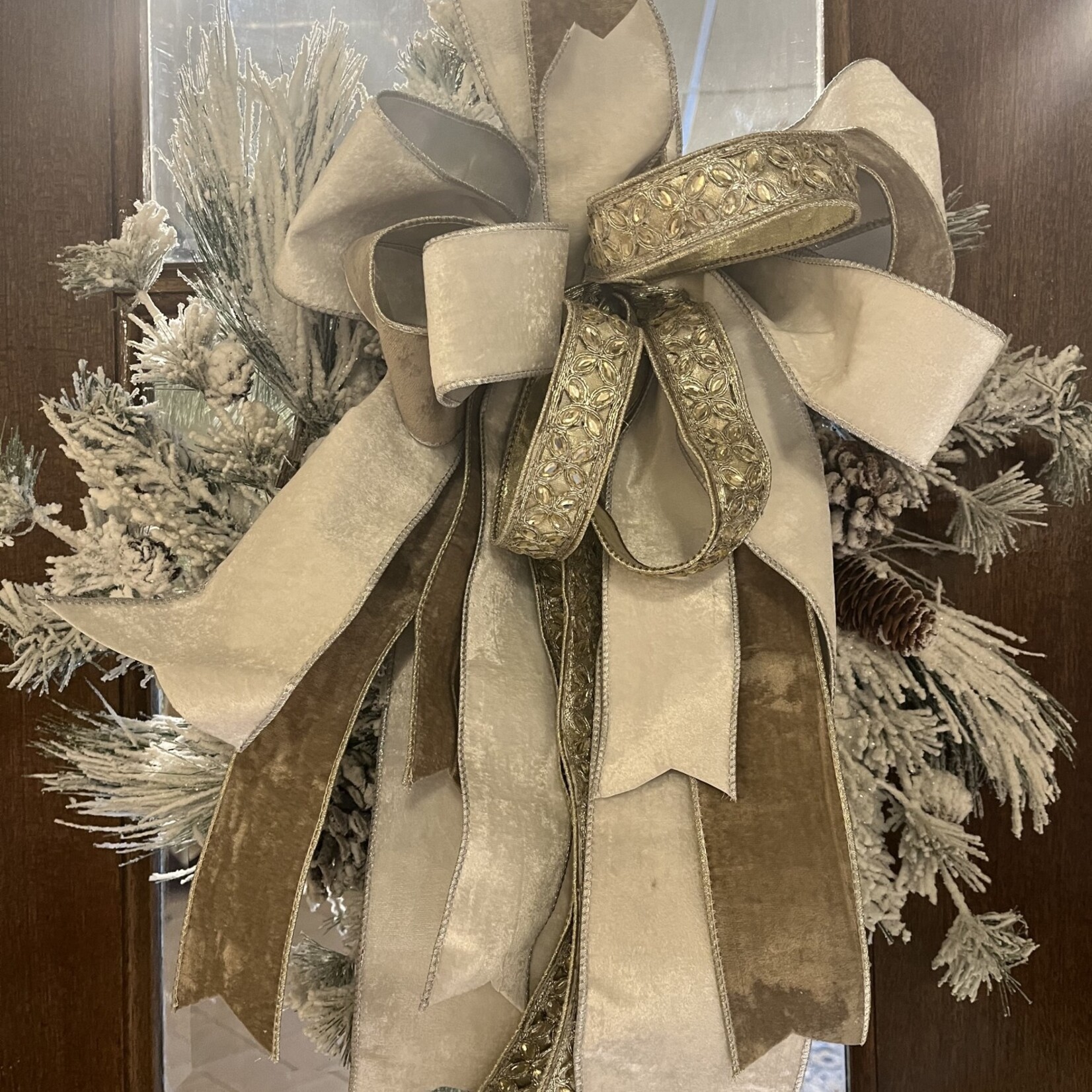 Oak & Willow Snowy Mixed Pine Wreath, with Silver, Ivory and Pewter Bow
