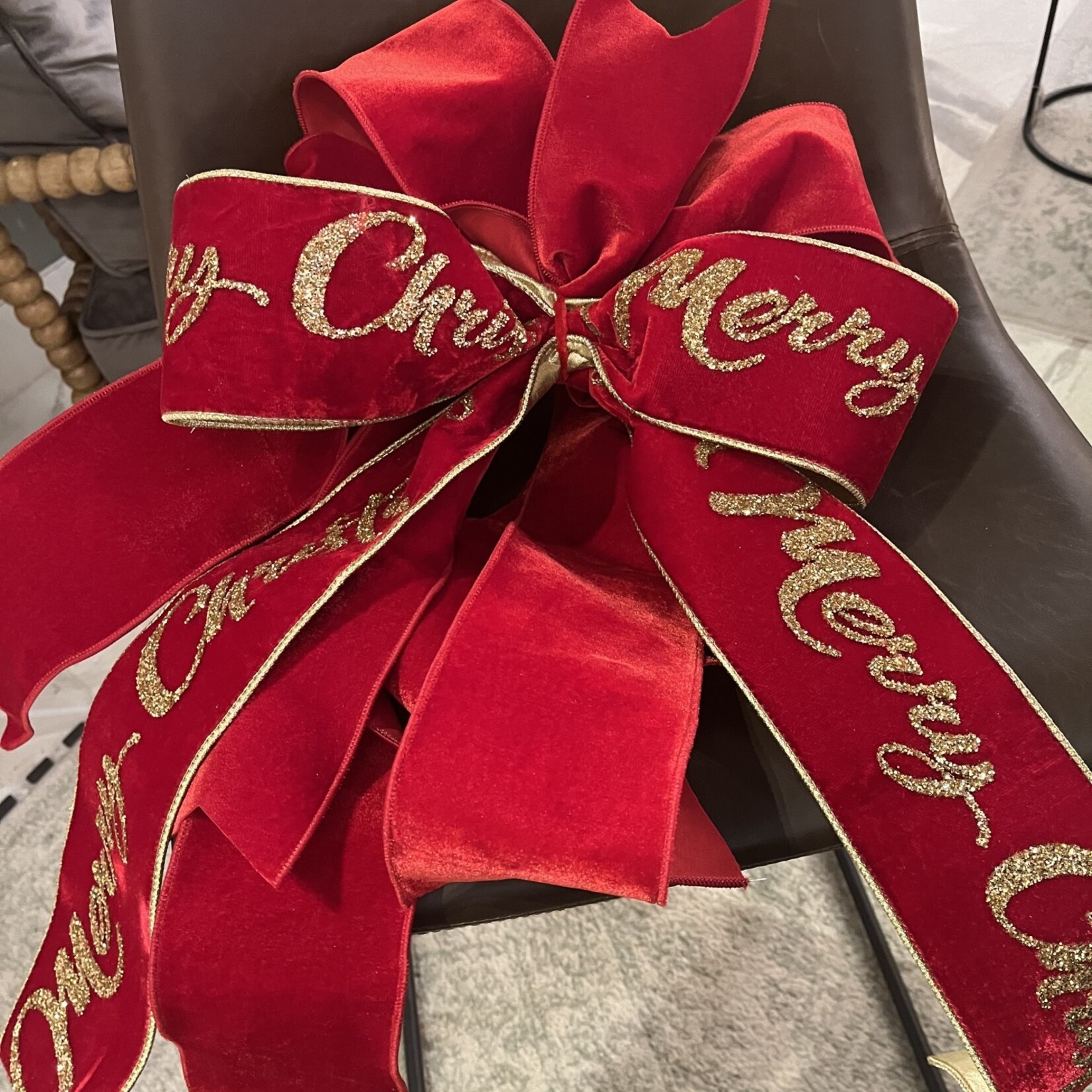 Glittered Merry Christmas Bow- Plush Vvelvet with Dupioni Backing