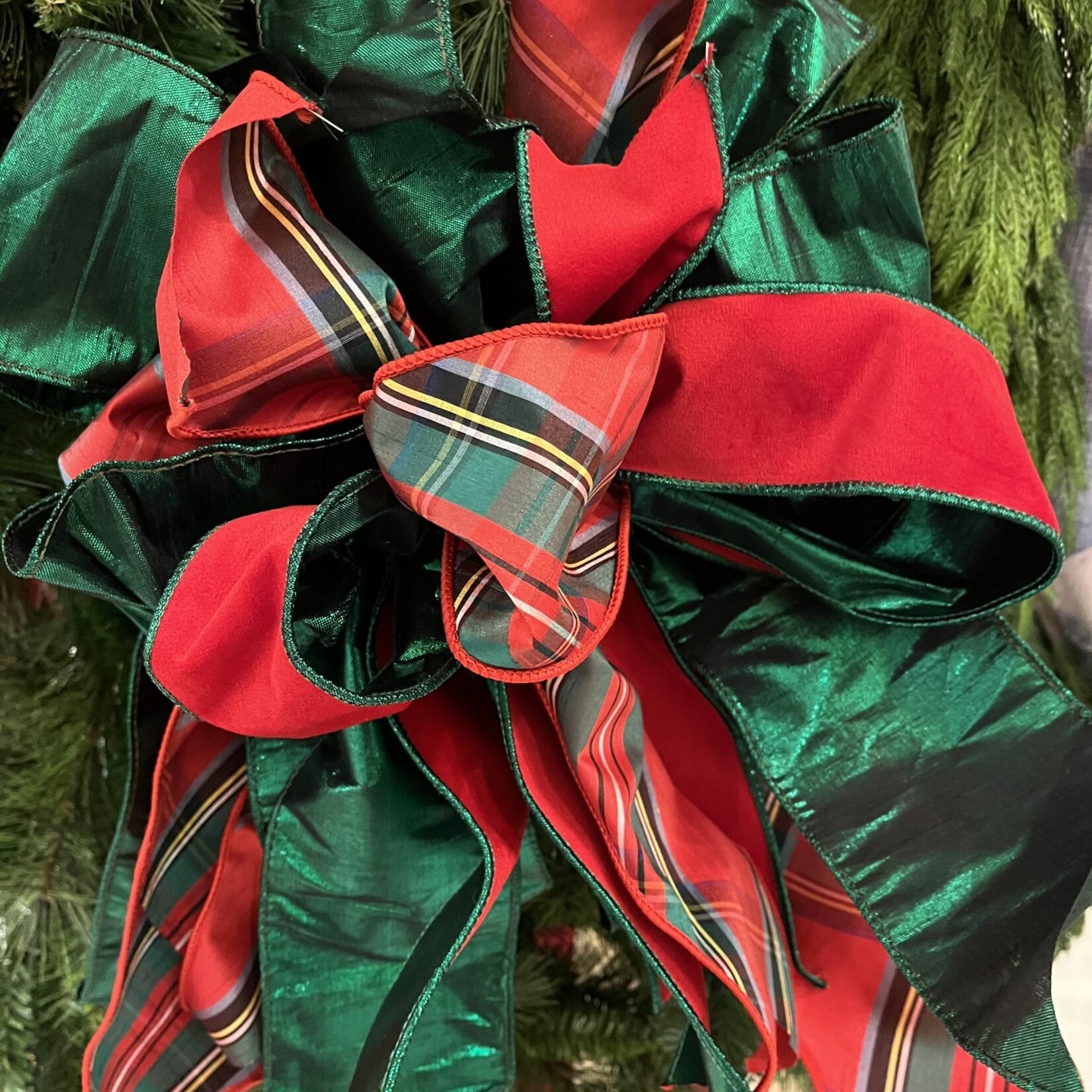 Red Plaid Bow with Metallic Green Ribbon