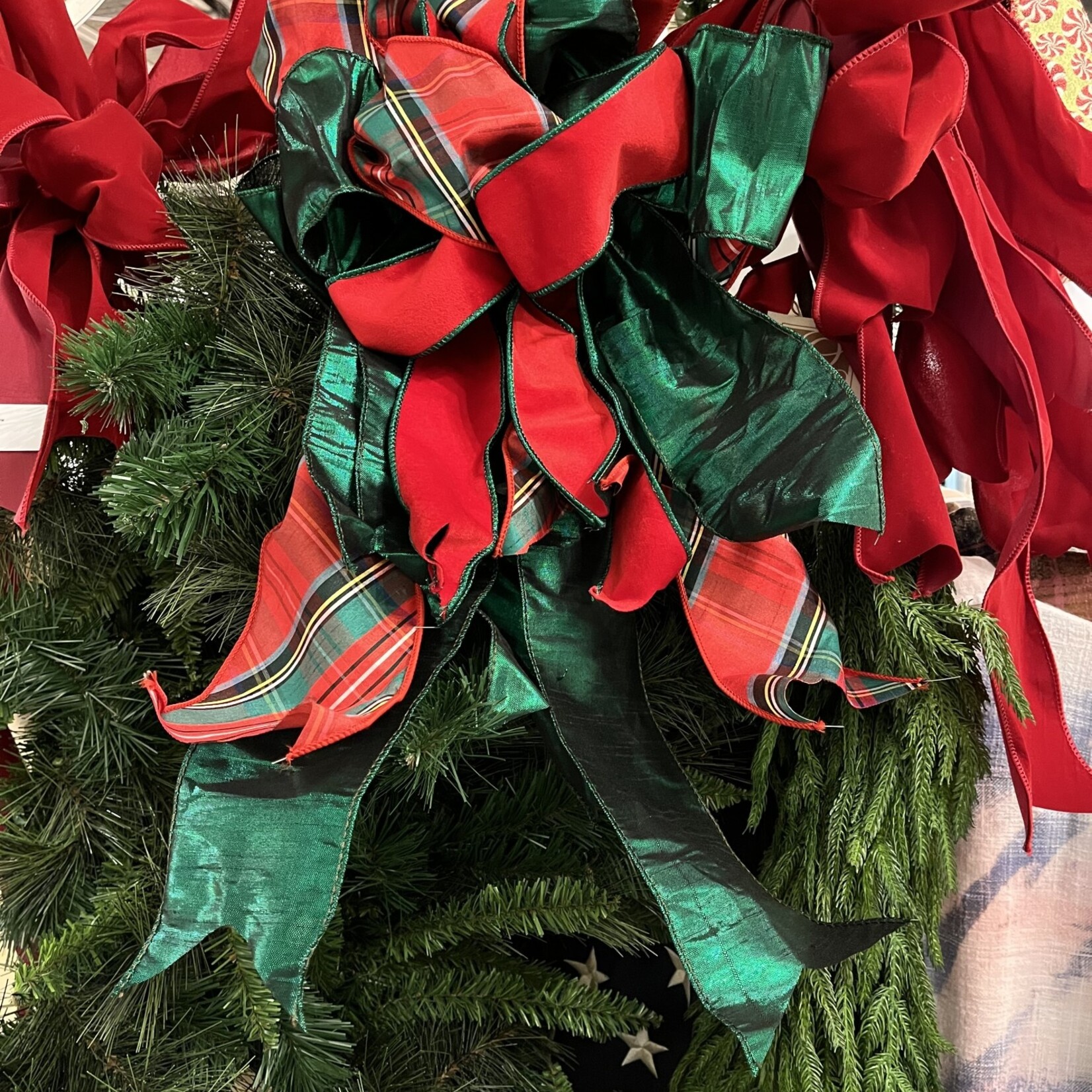 Red Plaid Bow with Metallic Green Ribbon