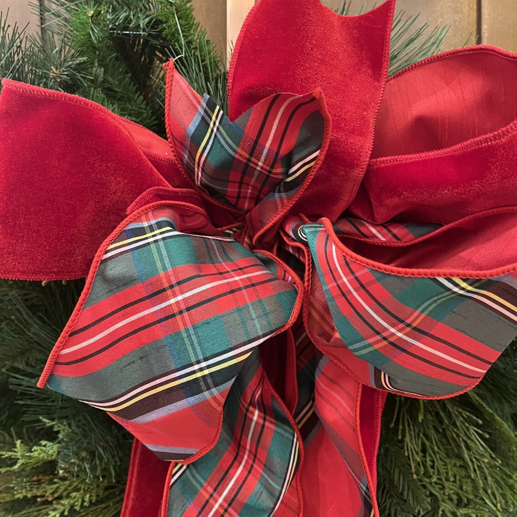 Red Plush Dupion with Plaid Ribbon Bow