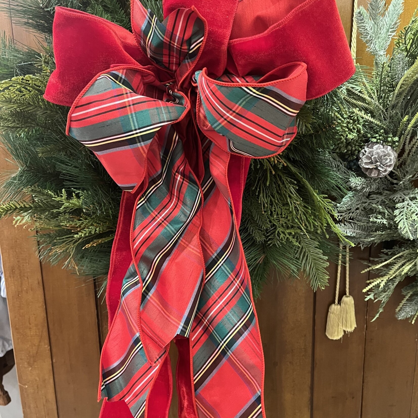 Red Plush Dupion with Plaid Ribbon Bow