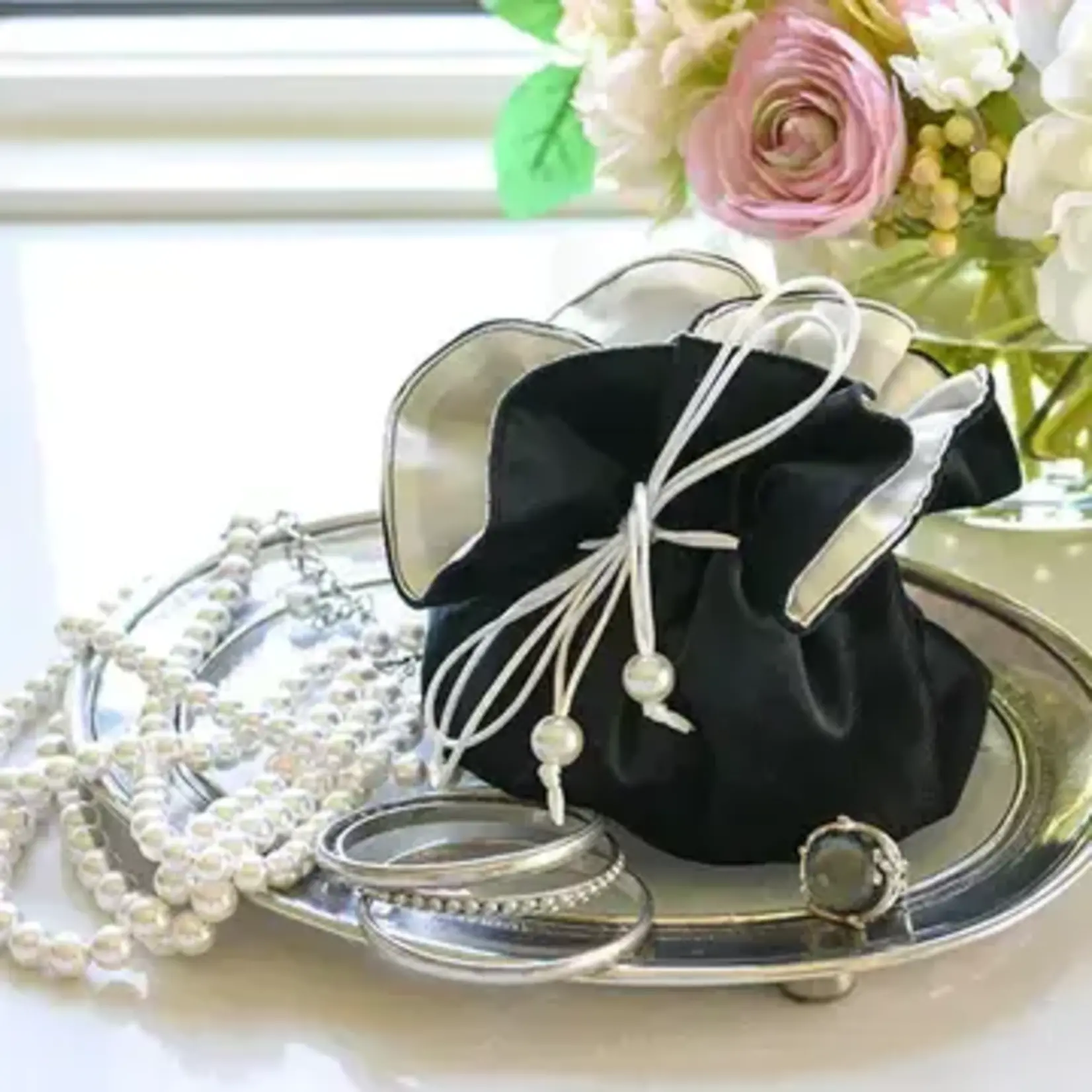 Crown Linen Designs Velvet Jewelry Blossom Pouch Black