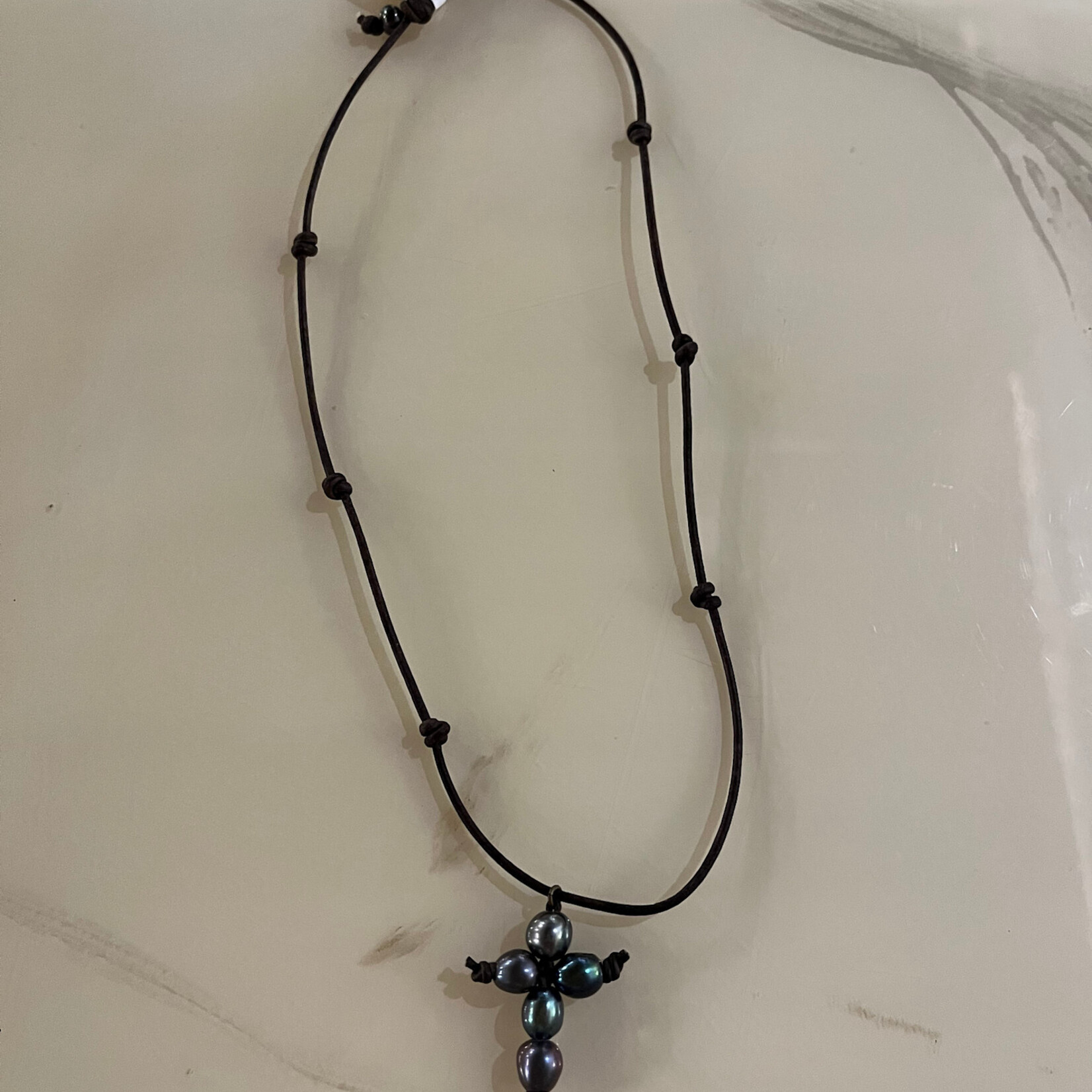 Coastal Courture Peacock Pearl Cross on Brown Knotted Leather/ Coconut Button