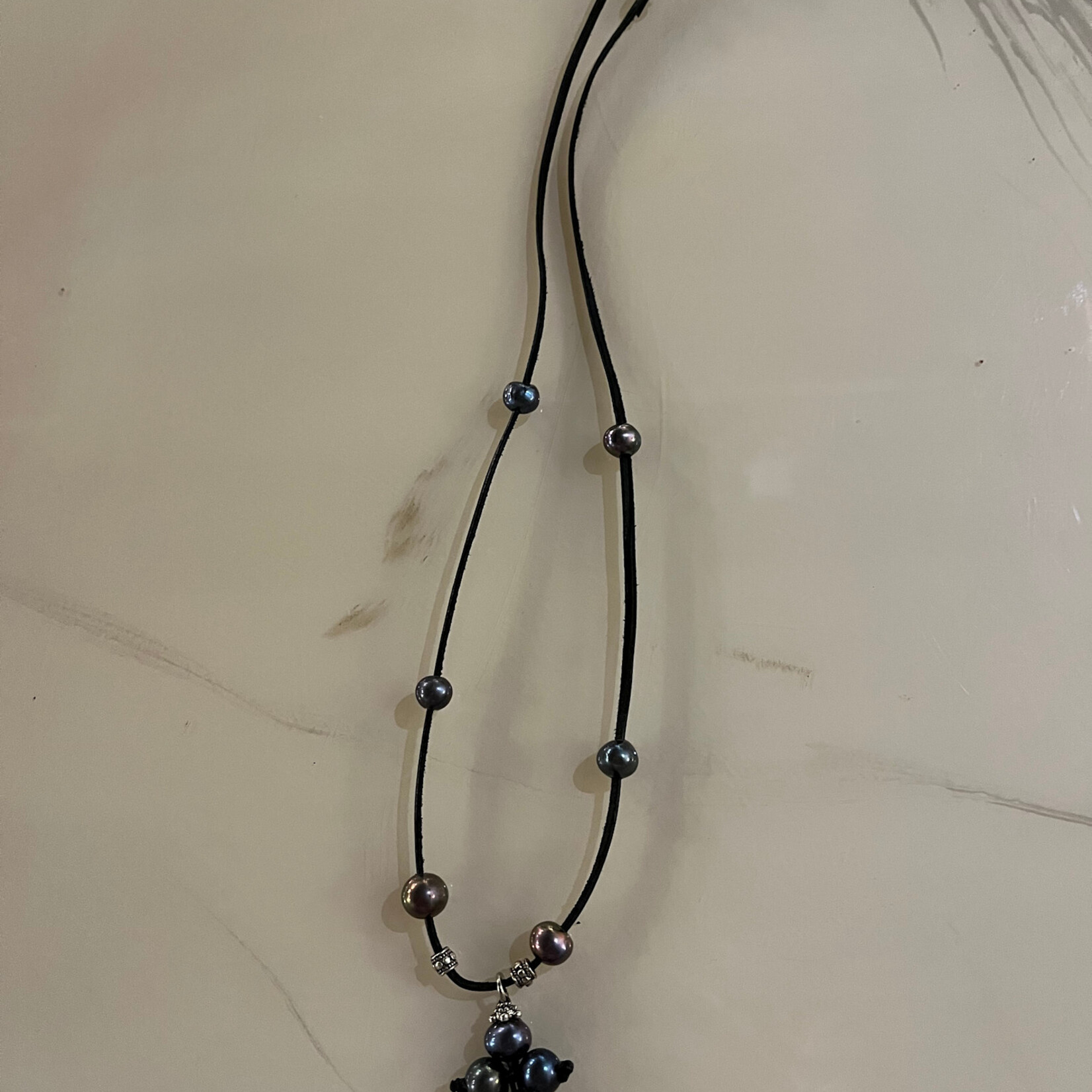 Coastal Courture Peacock Pearl Cross on Black Leather/ Lobster Clasp