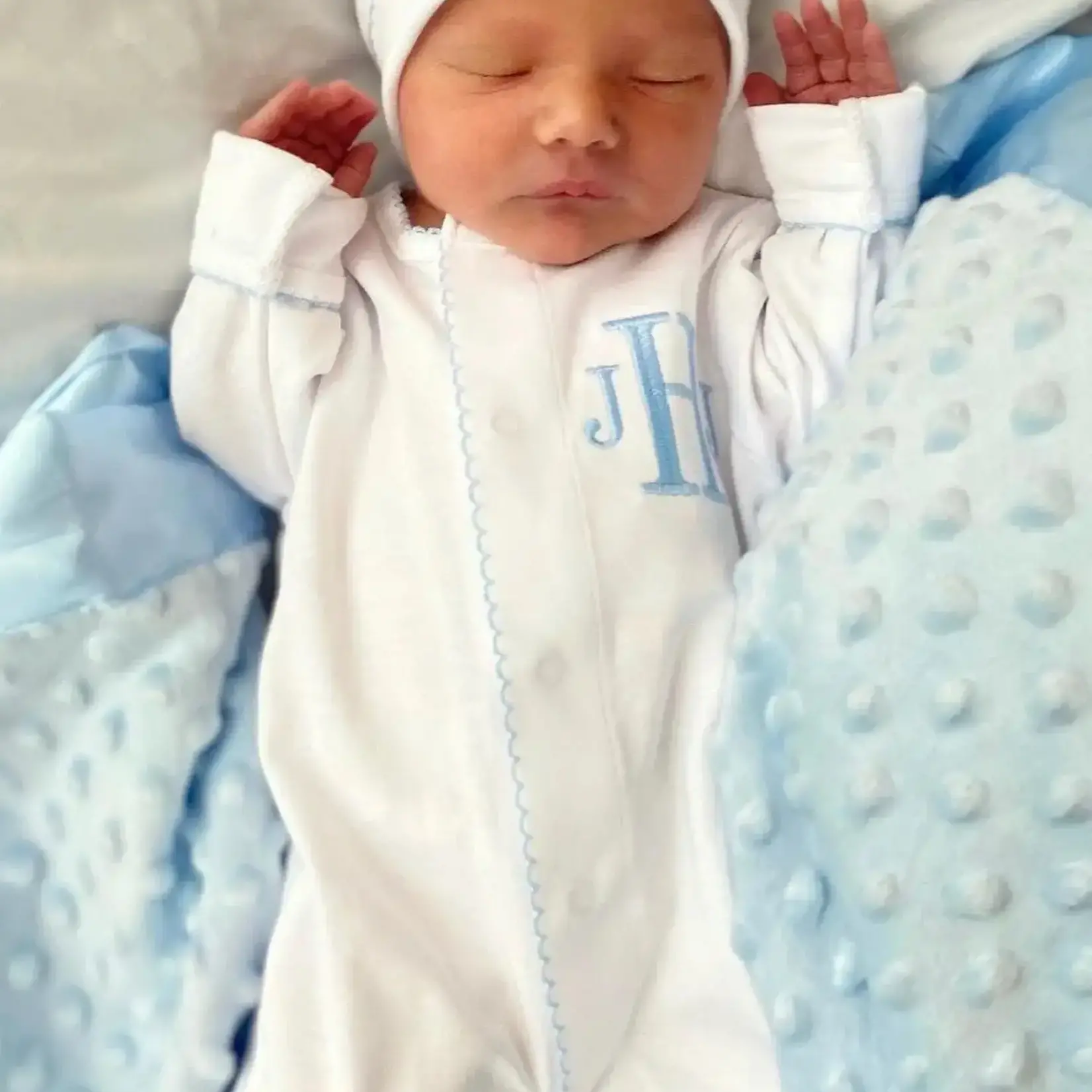 SK Blanks White w/Blue Picot and Hat  - Newborn