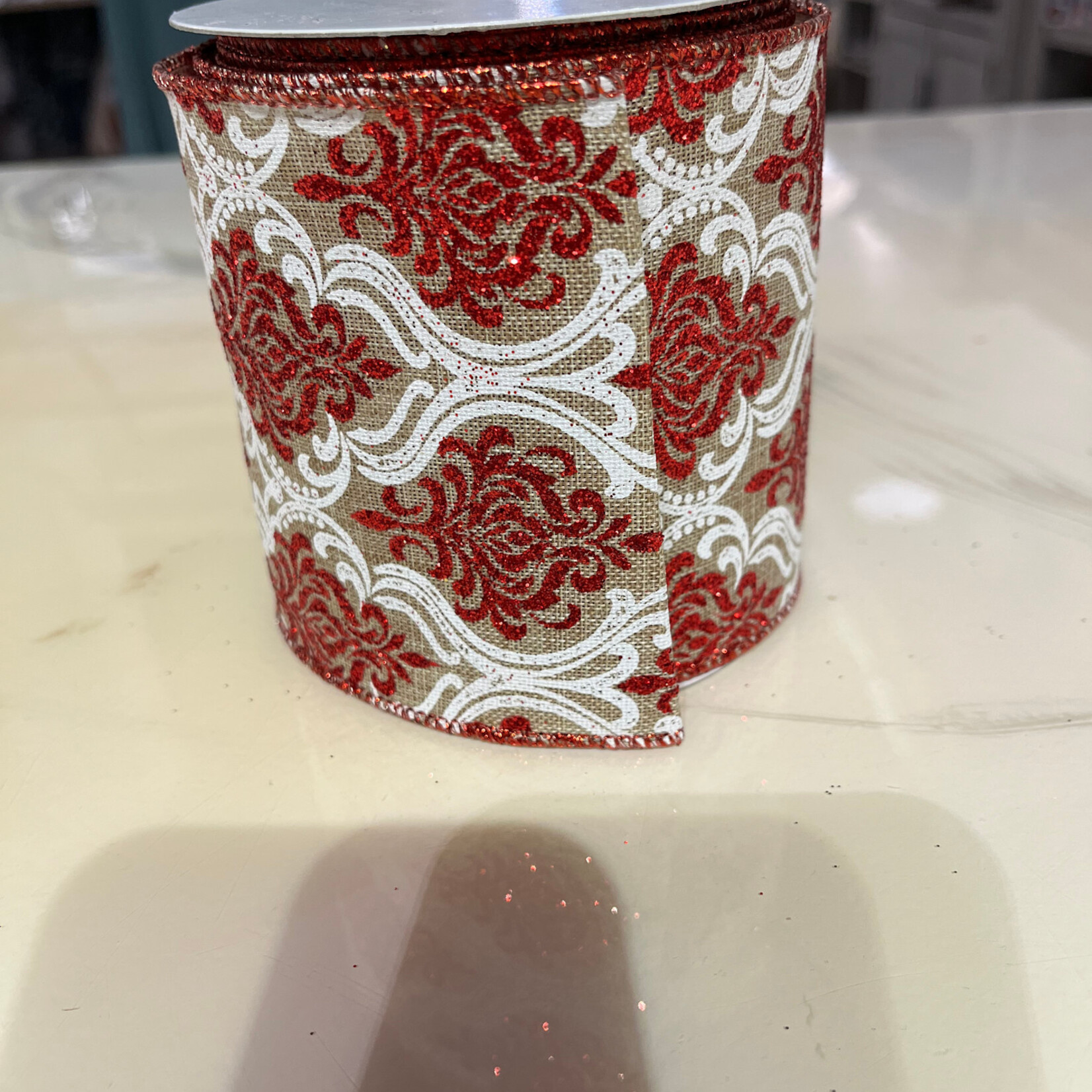 Reliant Ribbon Filigree Regal Glitter Linen Wired Edge - Red 4' x 10 yd.