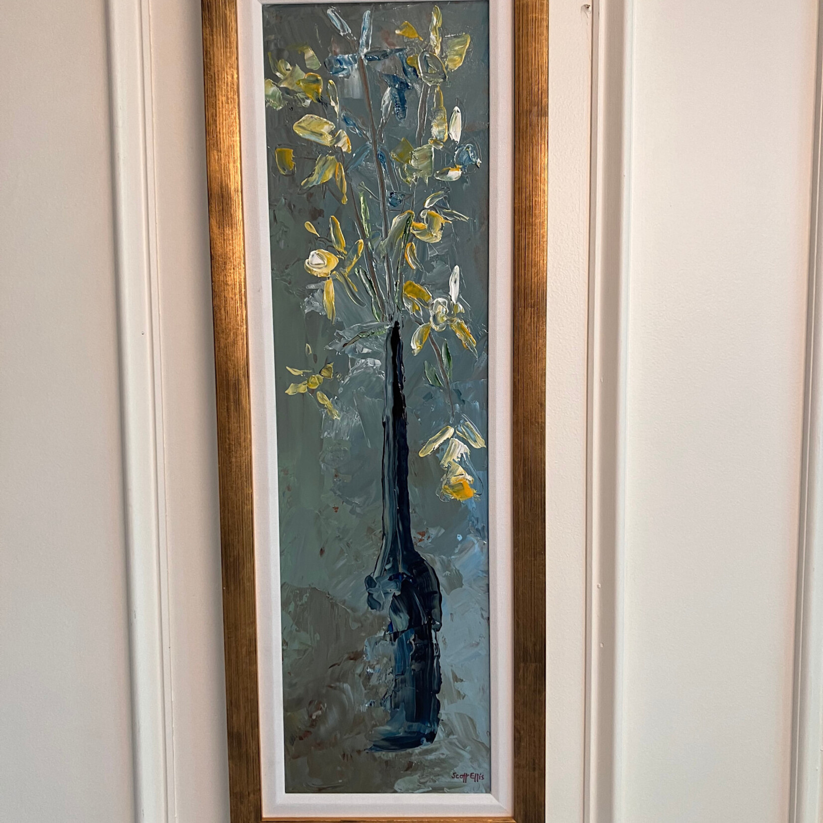Scott Ellis 11"x31" Orignal Painting by Scott Ellis(outside frame measurement)  - Steel blue Background w Gold/White Flowers